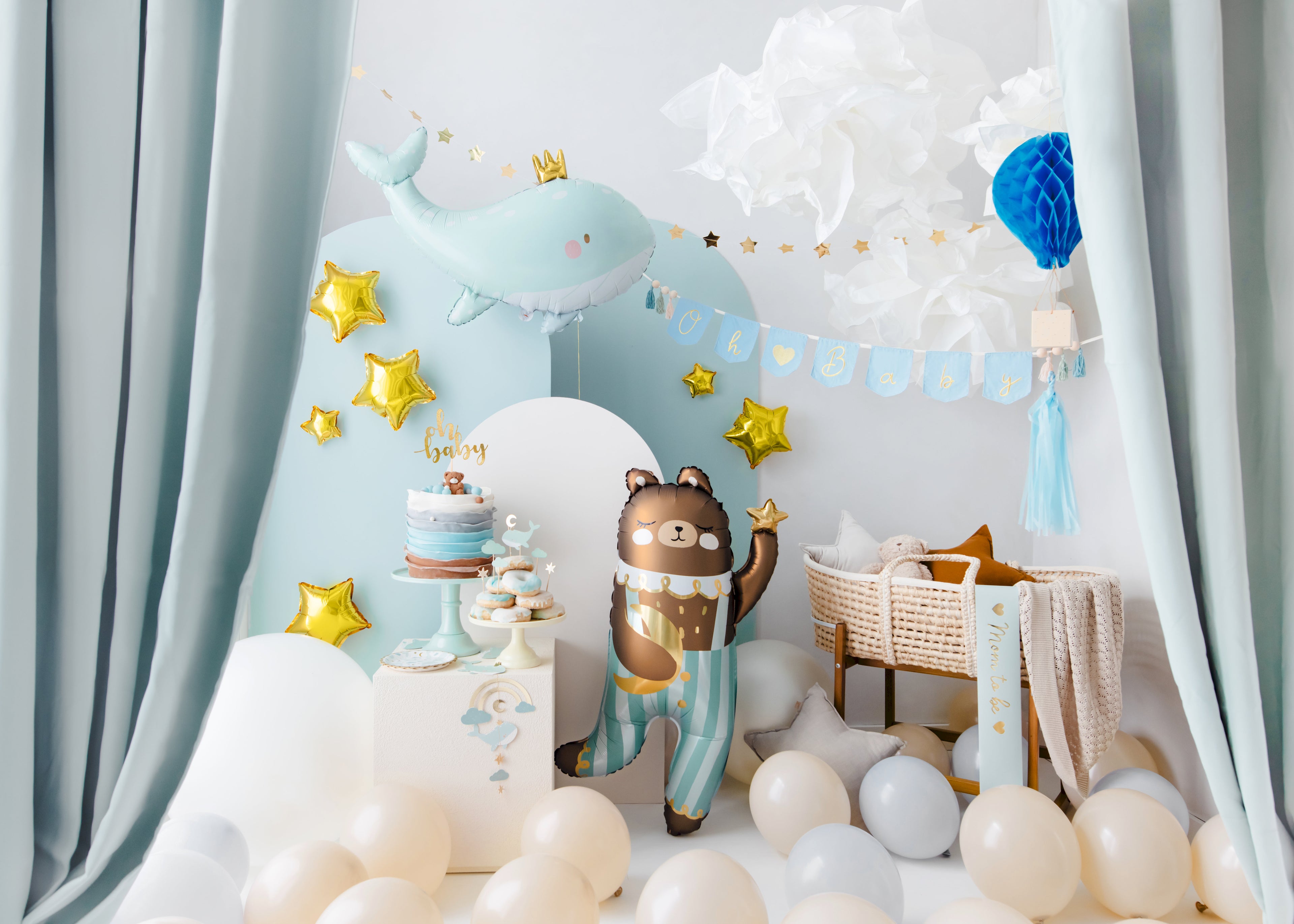 Wal-Folienballon Hellblau - 93 x 60 cm | Niedlicher Wal Ballon für Babyshower, Kindergeburtstag, Taufe & Meerjungfrau Party