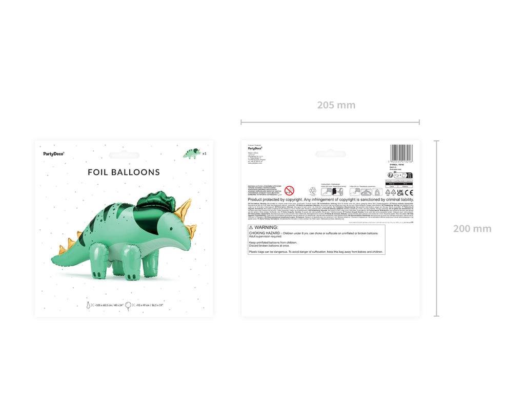 Triceratops-Folienballon groß 101 × 60,5 cm (aufgeblasen ca. 93 × 49 cm) – Grün, Luftfüllung inkl. Strohhalm, Dino-Party Deko