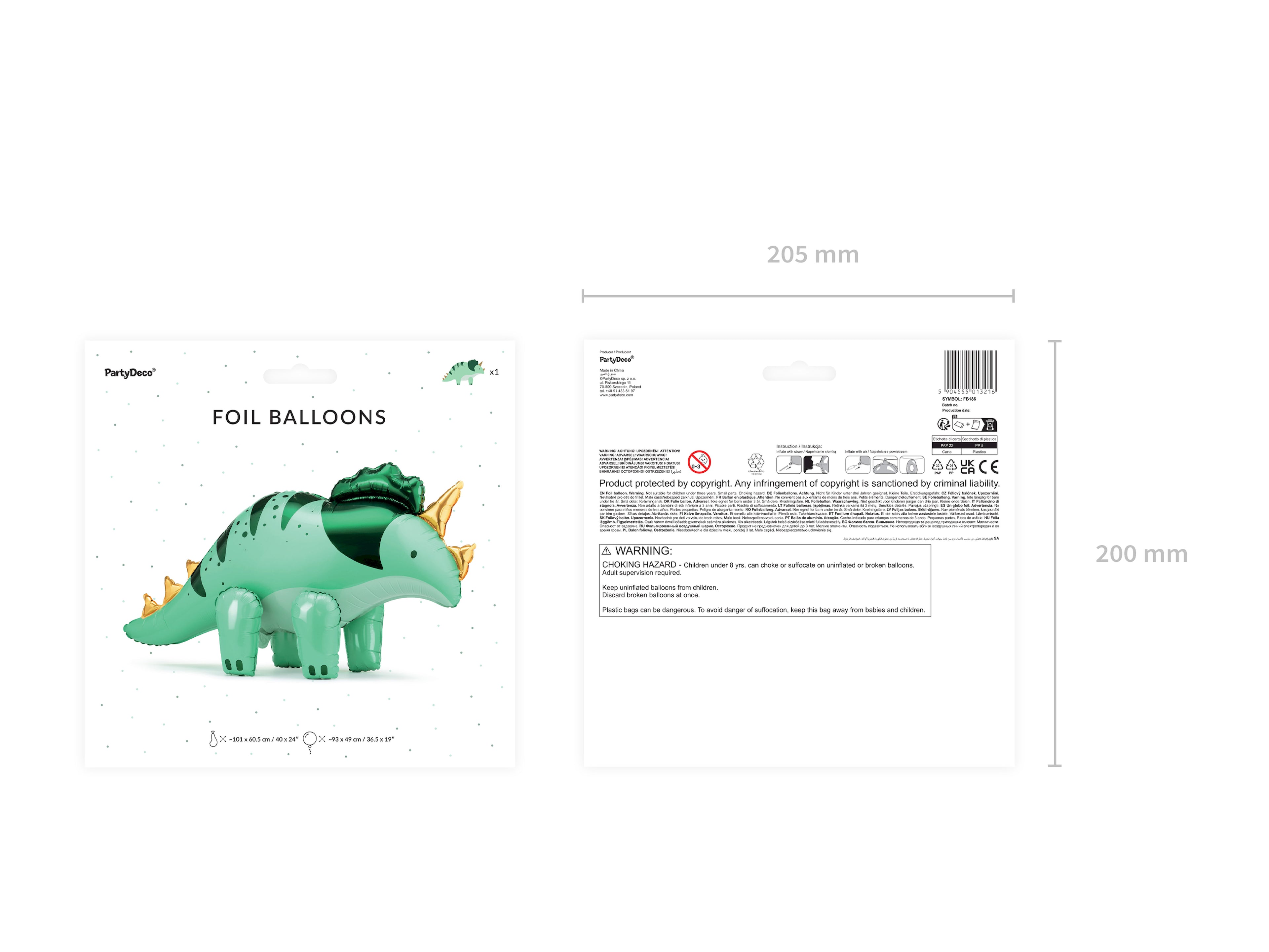 Triceratops-Folienballon groß 101 × 60,5 cm (aufgeblasen ca. 93 × 49 cm) – Grün, Luftfüllung inkl. Strohhalm, Dino-Party Deko