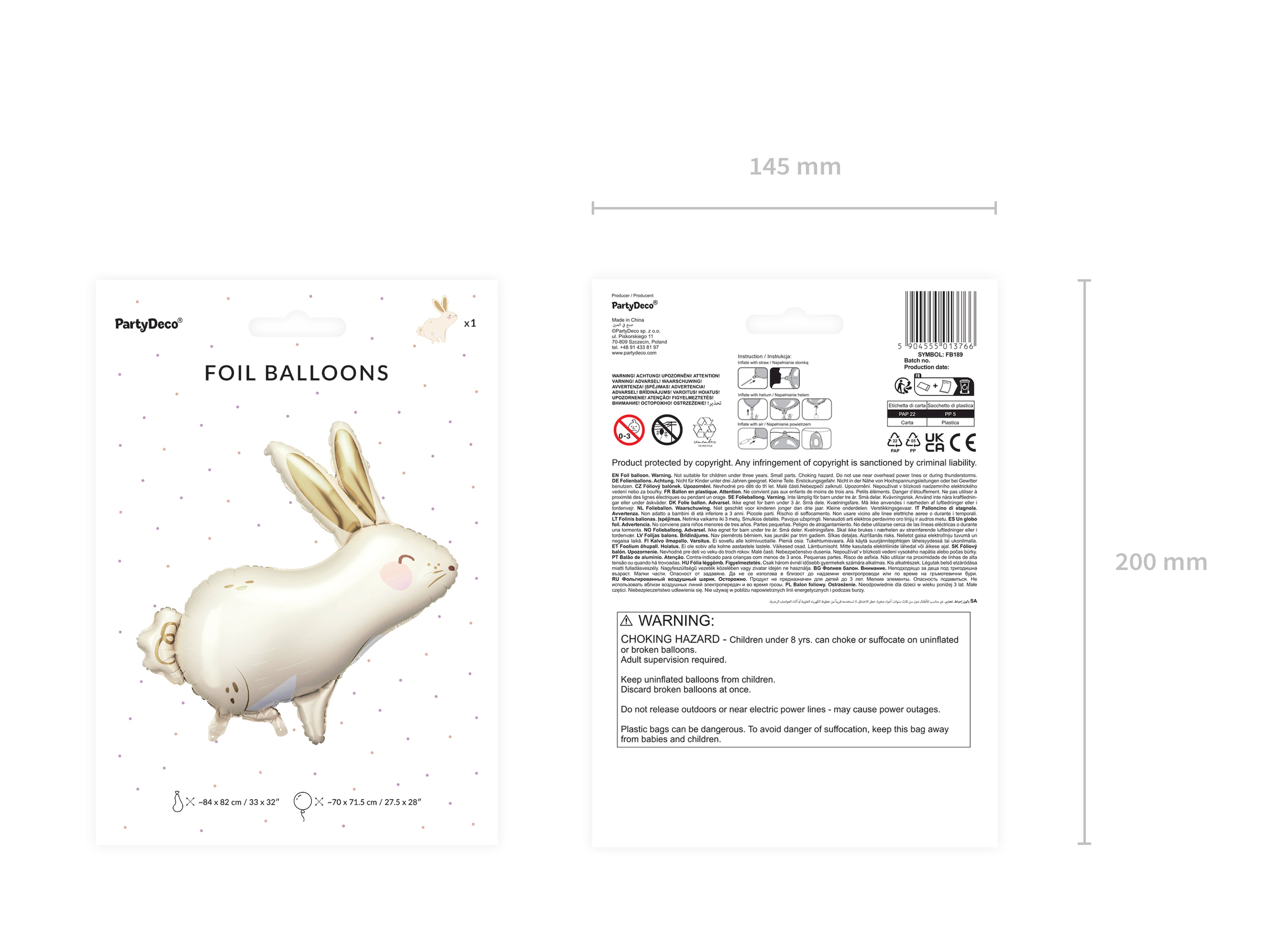 Hasen‑Folienballon – 67 × 88 cm | Farbmix | Für Helium & Luft, inkl. Strohhalm | Oster‑ & Kinderparty