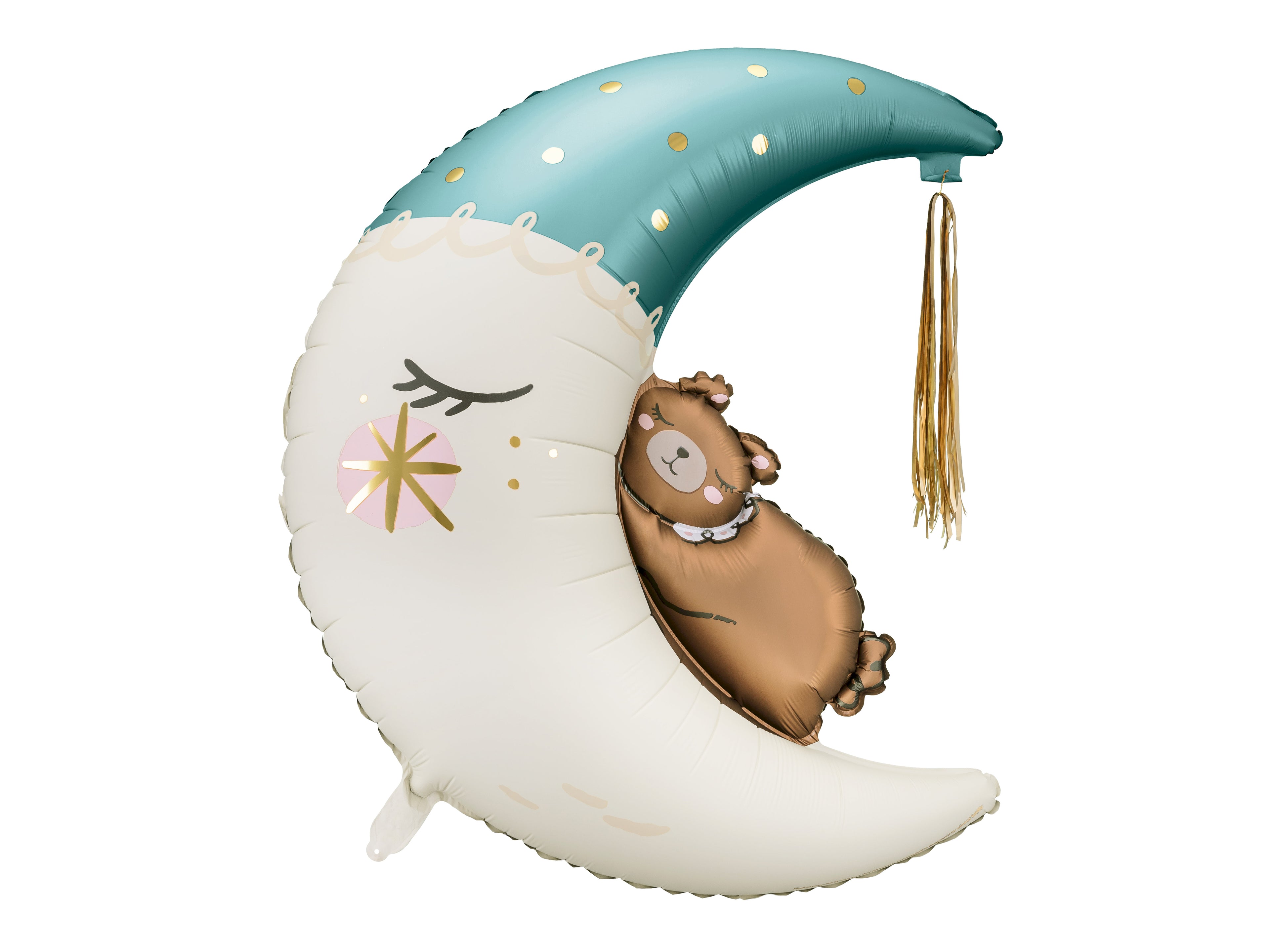 Folienballon „Teddybär auf dem Mond“ Blau - 80 x 98 cm | Babyshower Ballon in Hellblau, Creme & Gold | Helium oder Luft, inkl. Quaste