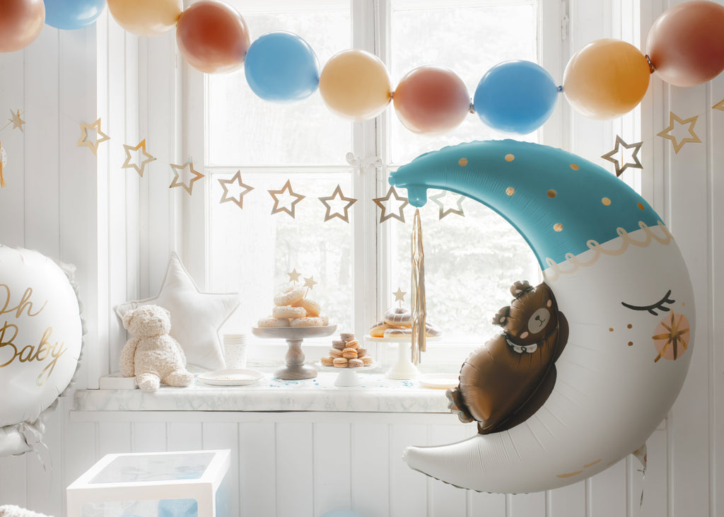 Folienballon „Teddybär auf dem Mond“ Blau - 80 x 98 cm | Babyshower Ballon in Hellblau, Creme & Gold | Helium oder Luft, inkl. Quaste