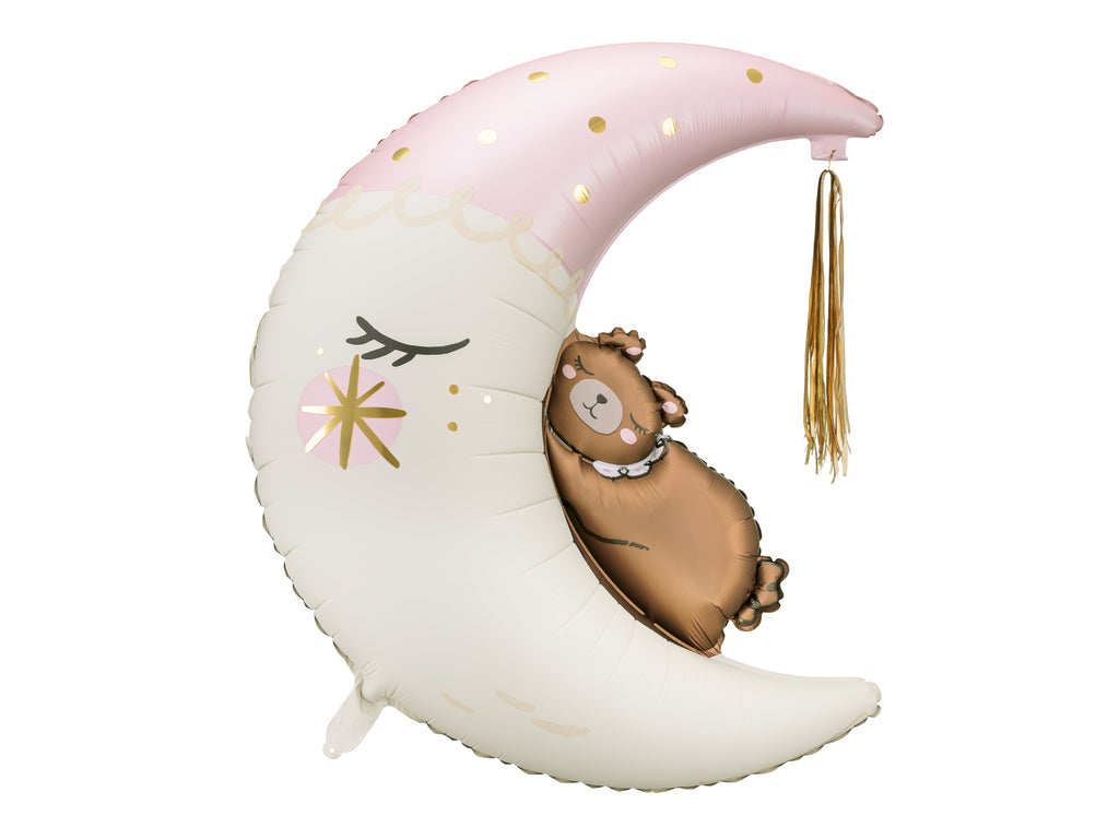 Folienballon „Teddybär auf dem Mond“ - 80 x 98 cm | Babyshower Ballon in Rosa, Creme & Gold | Helium oder Luft, inkl. Quaste