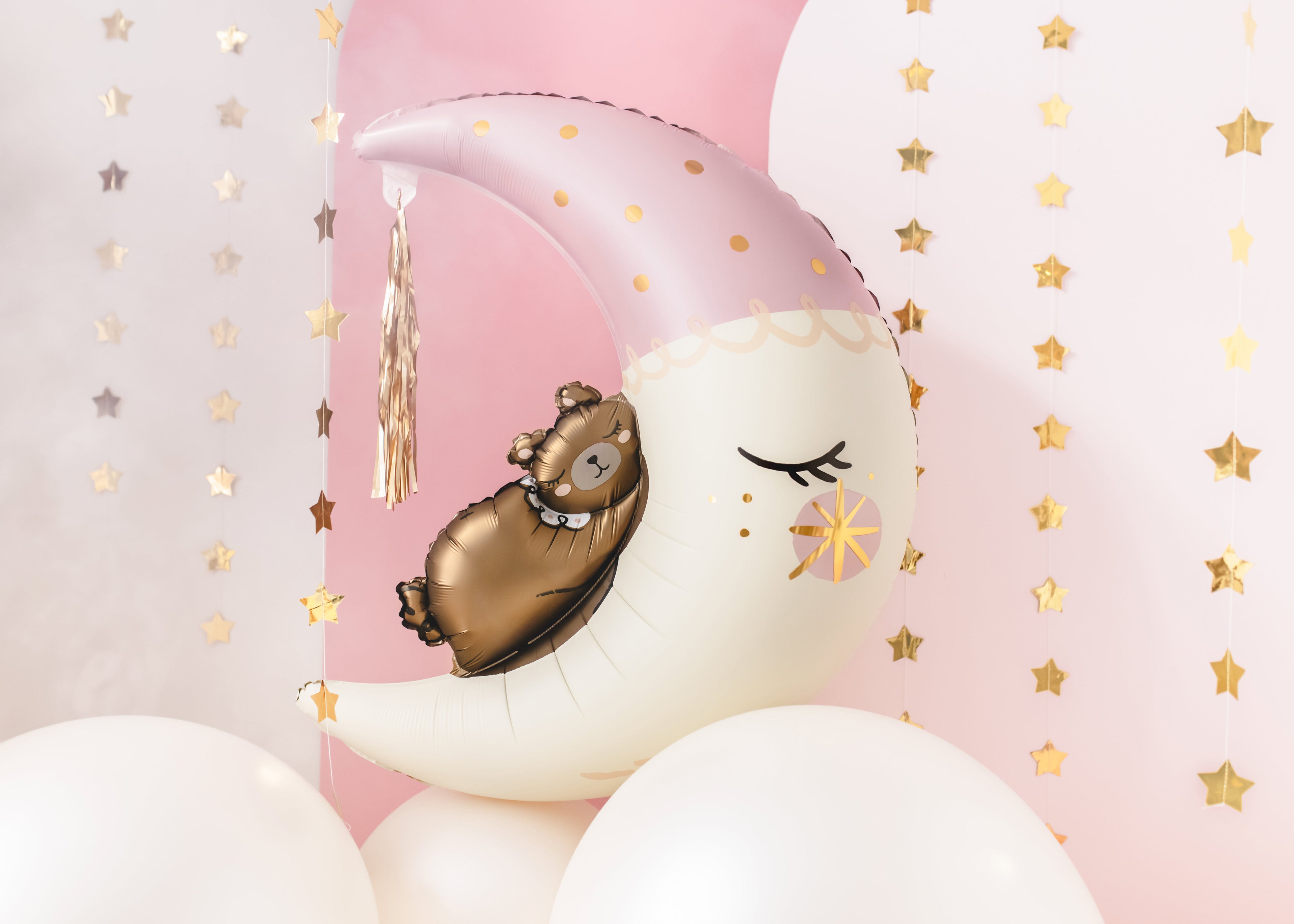 Folienballon „Teddybär auf dem Mond“ - 80 x 98 cm | Babyshower Ballon in Rosa, Creme & Gold | Helium oder Luft, inkl. Quaste