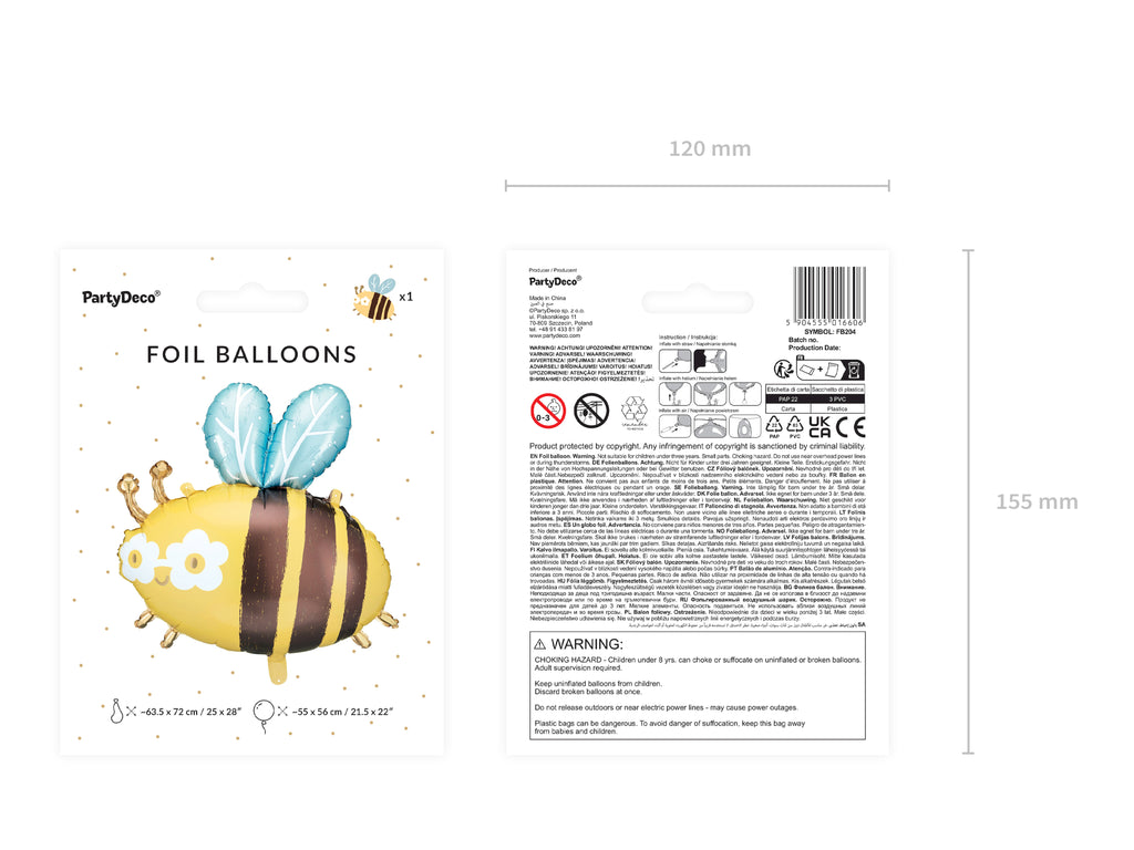 Bienen‑Folienballon – 63,5 × 72 cm (55 × 56 cm aufgeblasen) | Süßer Bee Ballon für Kindergeburtstag, Sommerfest & Gartenparty | Helium oder Luft, inkl. Strohhalm