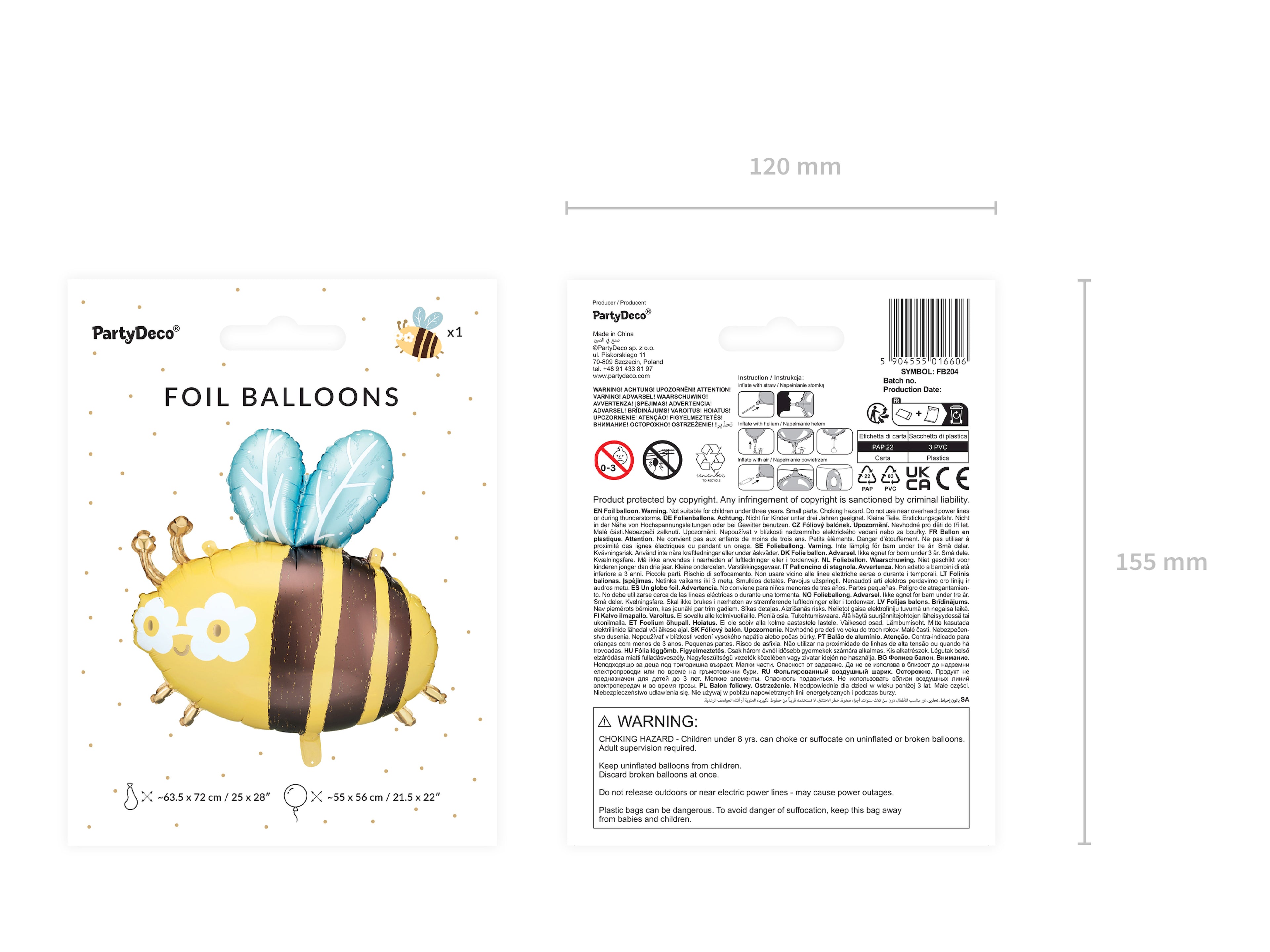 Bienen‑Folienballon – 63,5 × 72 cm (55 × 56 cm aufgeblasen) | Süßer Bee Ballon für Kindergeburtstag, Sommerfest & Gartenparty | Helium oder Luft, inkl. Strohhalm