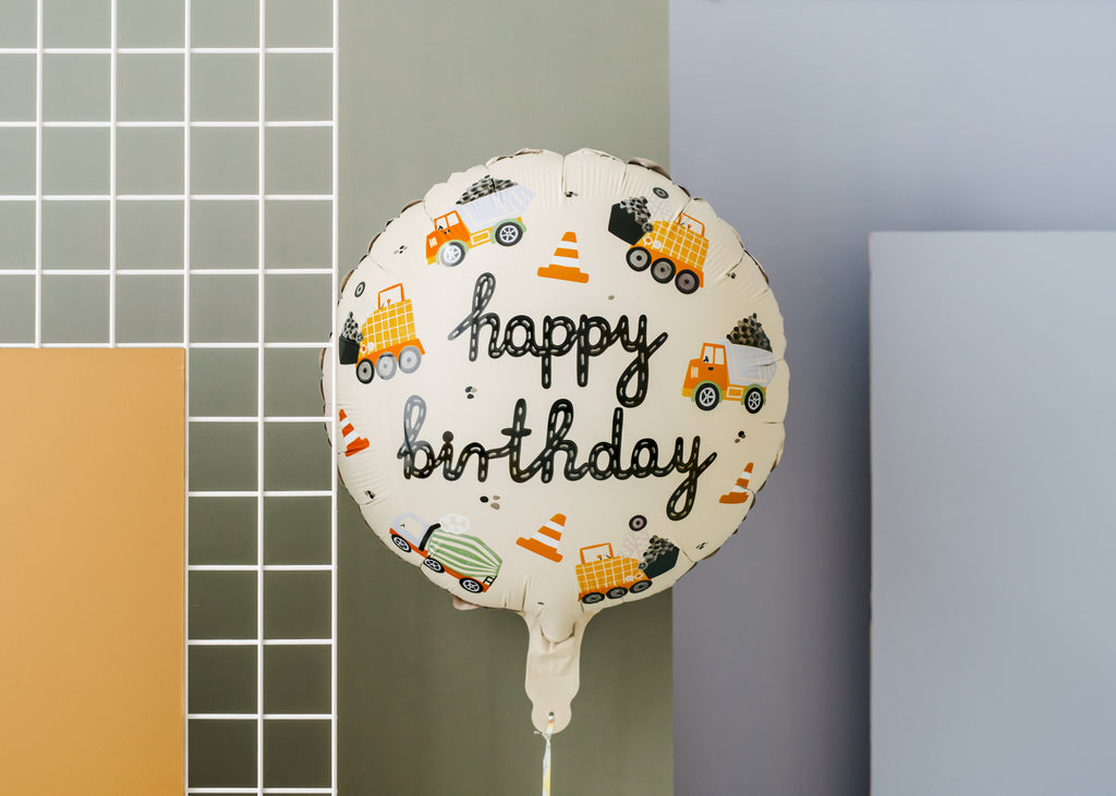 Folienballon „Baustellenfahrzeuge“ – Rund, 45 cm (35 cm aufgeblasen) | Helium & Luft | Farbmix, inkl. Strohhalm