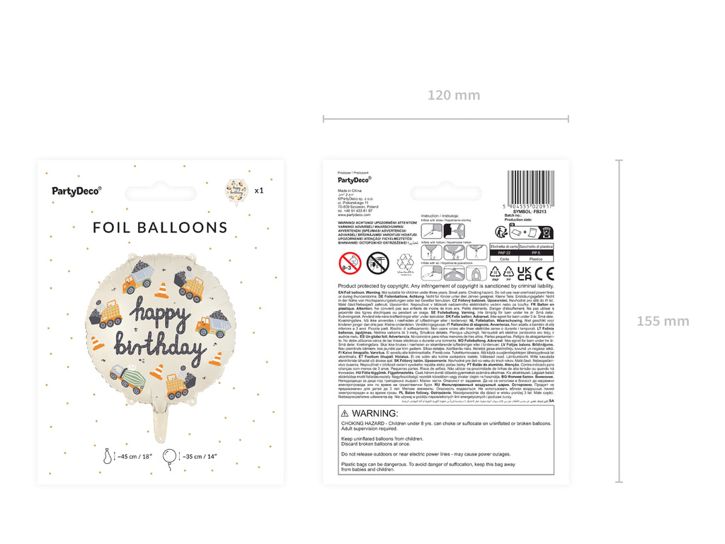 Folienballon „Baustellenfahrzeuge“ – Rund, 45 cm (35 cm aufgeblasen) | Helium & Luft | Farbmix, inkl. Strohhalm