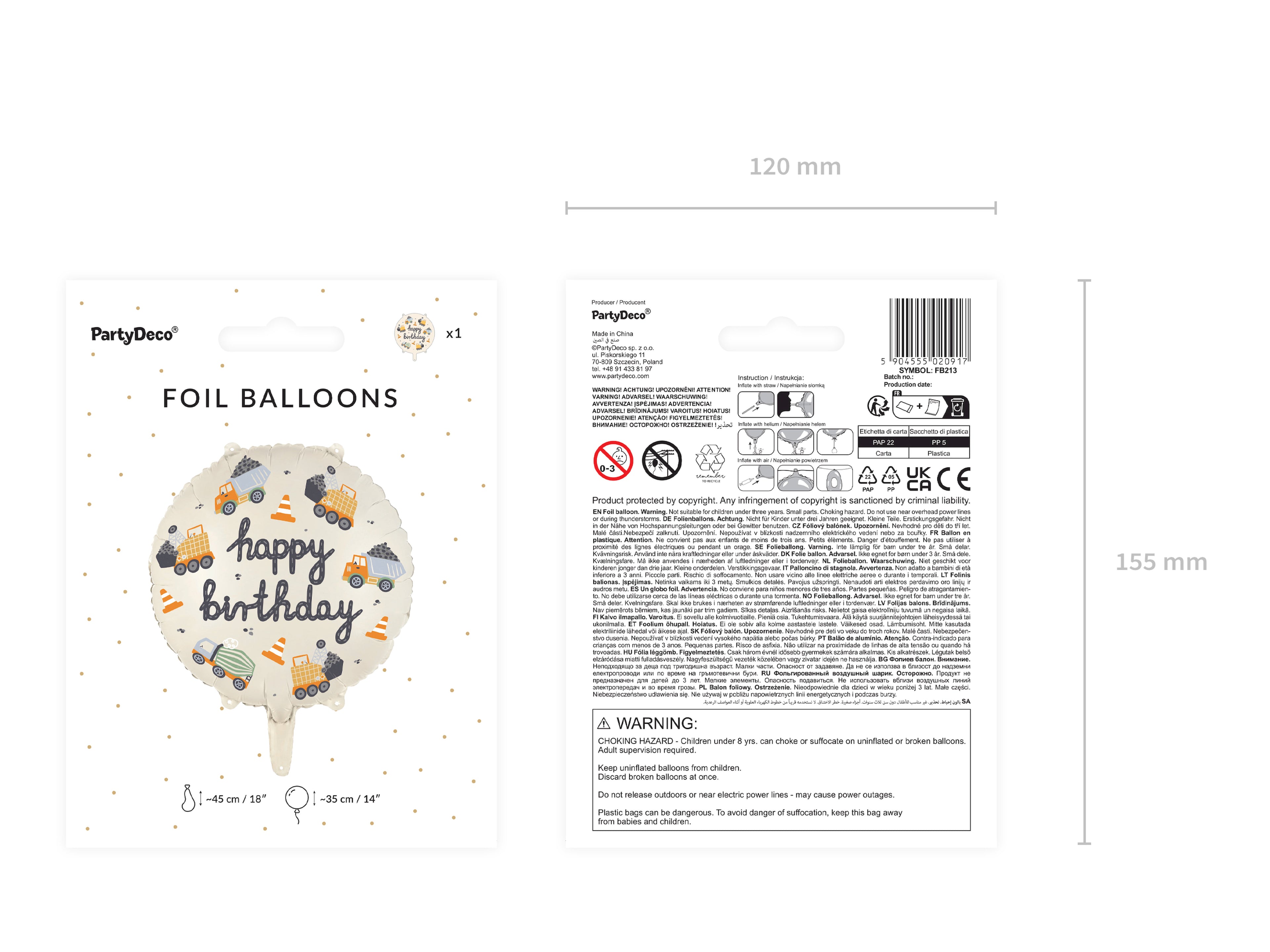 Folienballon „Baustellenfahrzeuge“ – Rund, 45 cm (35 cm aufgeblasen) | Helium & Luft | Farbmix, inkl. Strohhalm