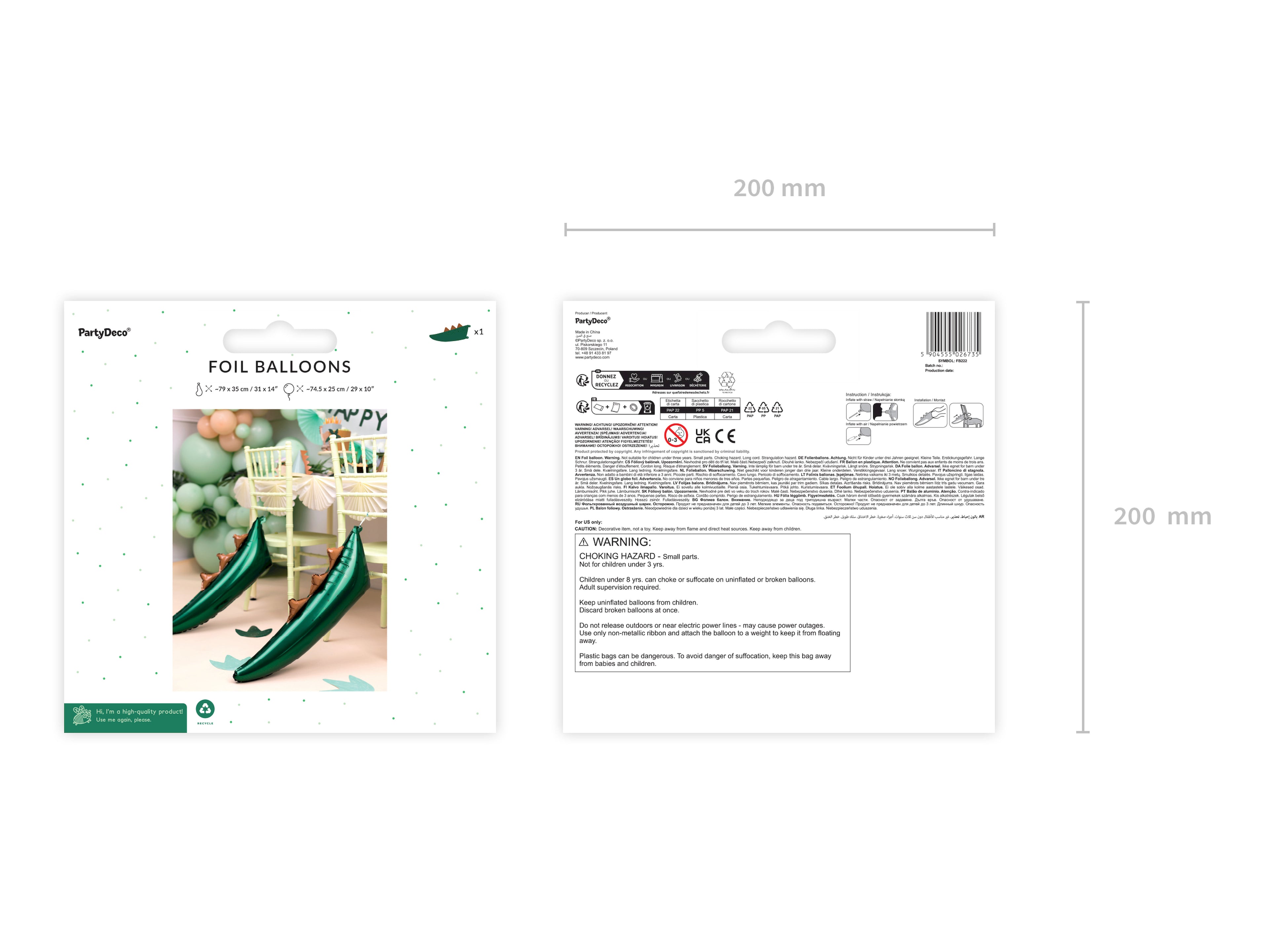 Dinosaurierschwanz‑Folienballon – 74,5 × 25 cm | Dino‑Schwanz für Kindergeburtstag & Foto‑Spaß | Luftfüllung, inkl. Strohhalm & Band