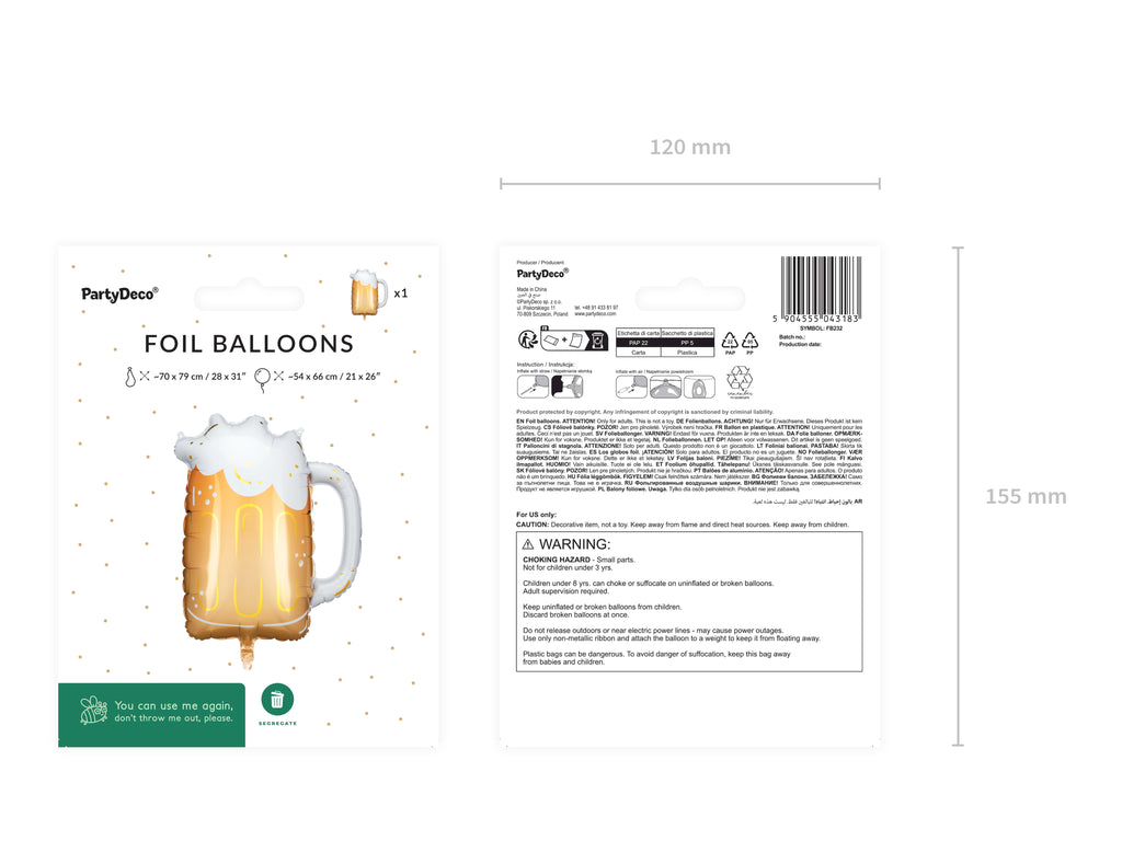 Bierkrug-Folienballon 66 x 54 cm - Bierballon für Helium und Luft, Partydeko für Geburtstag, Oktoberfest und Vatertag