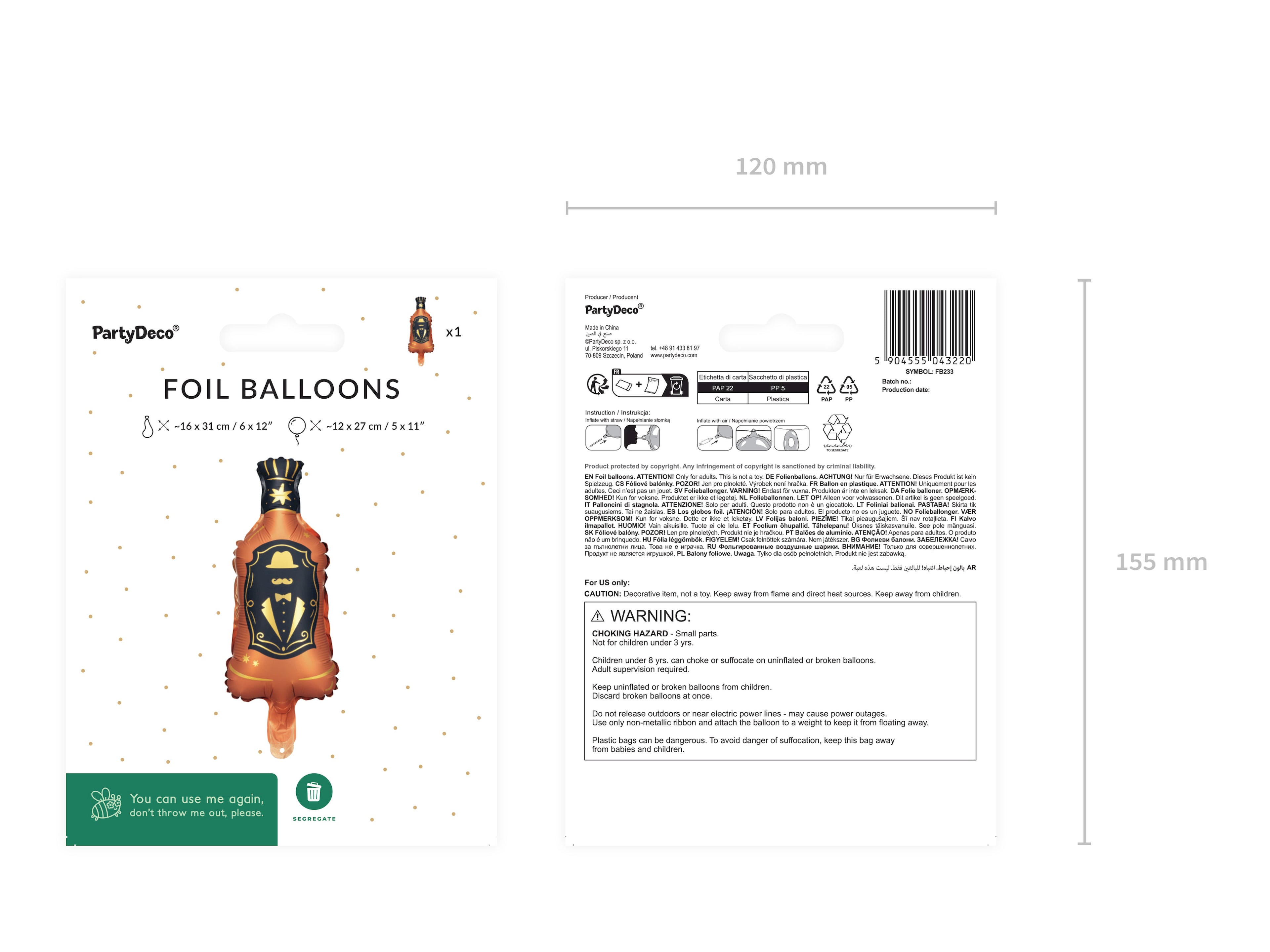 Whisky‑Folienballon für Girlanden – 27 × 12 cm | Luftfüllung, inkl. Strohhalm | Party & Bar‑Deko