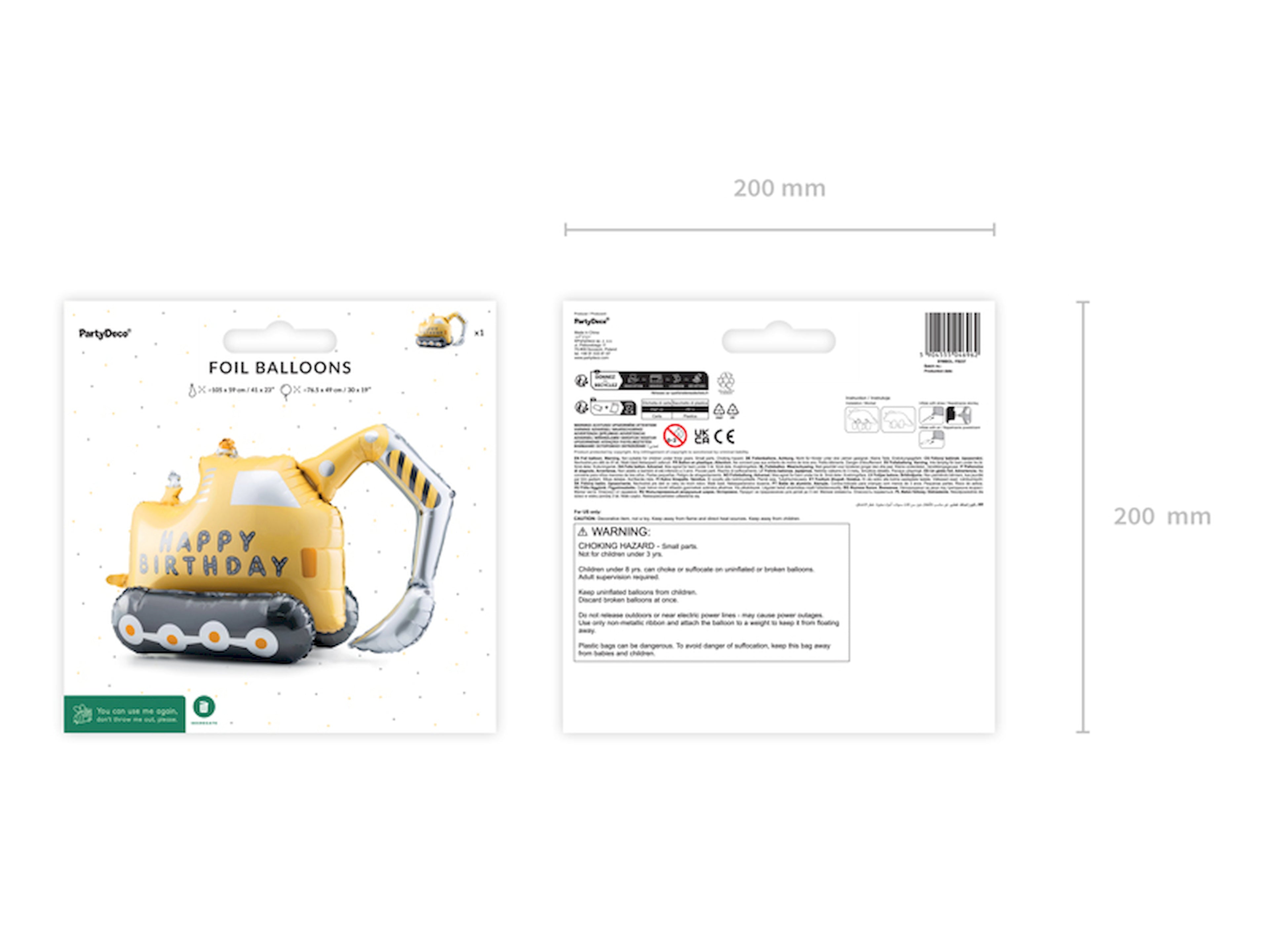 Bagger‑Folienballon freistehend – 49 × 76,5 cm | Baustellen‑Ballon im Farbmix | Luftfüllung, inkl. Strohhalm