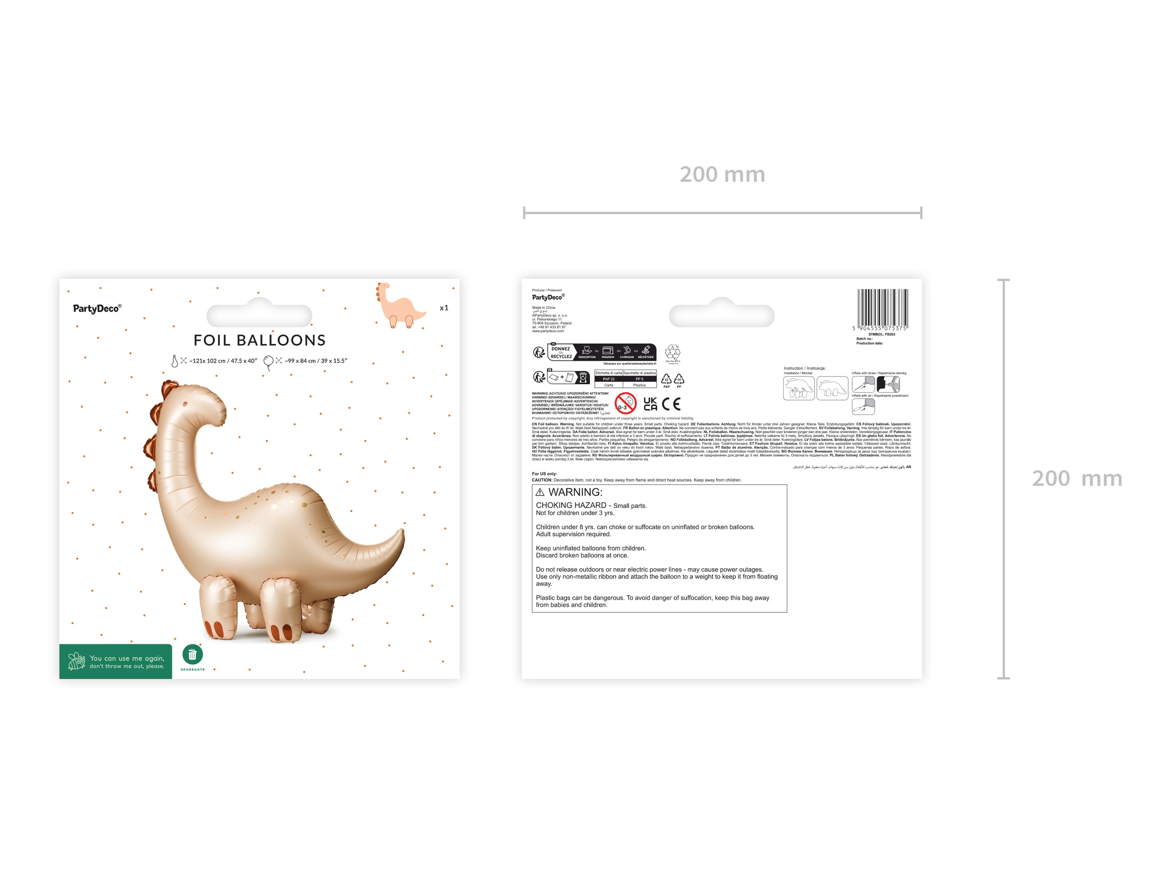 Brontosaurus‑Folienballon freistehend – 91 × 85 cm | Dino Ballon im Farbmix | Luftfüllung, inkl. Strohhalm | Kindergeburtstag & Dino‑Party
