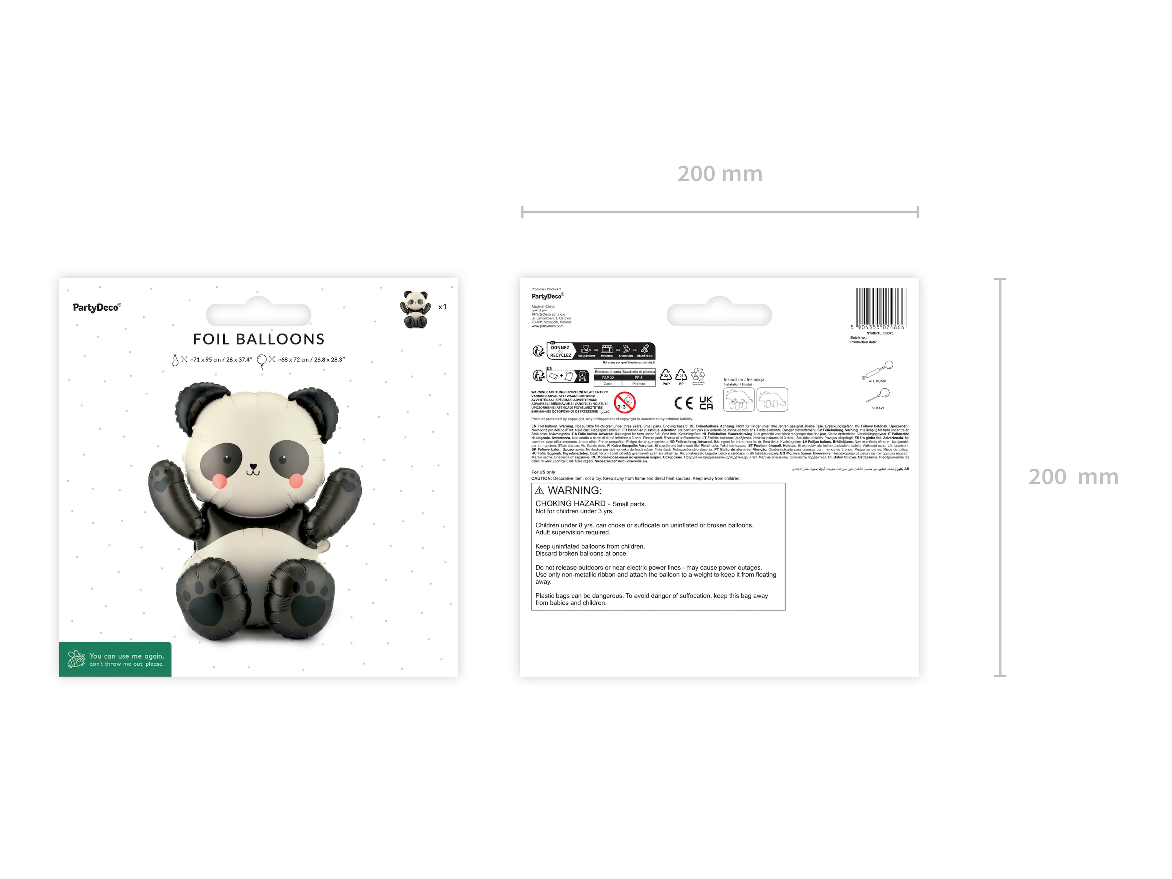 Panda‑Folienballon – 68 × 72 cm | Süßer Panda Ballon für Kindergeburtstag & Party | Luftfüllung, inkl. Strohhalm