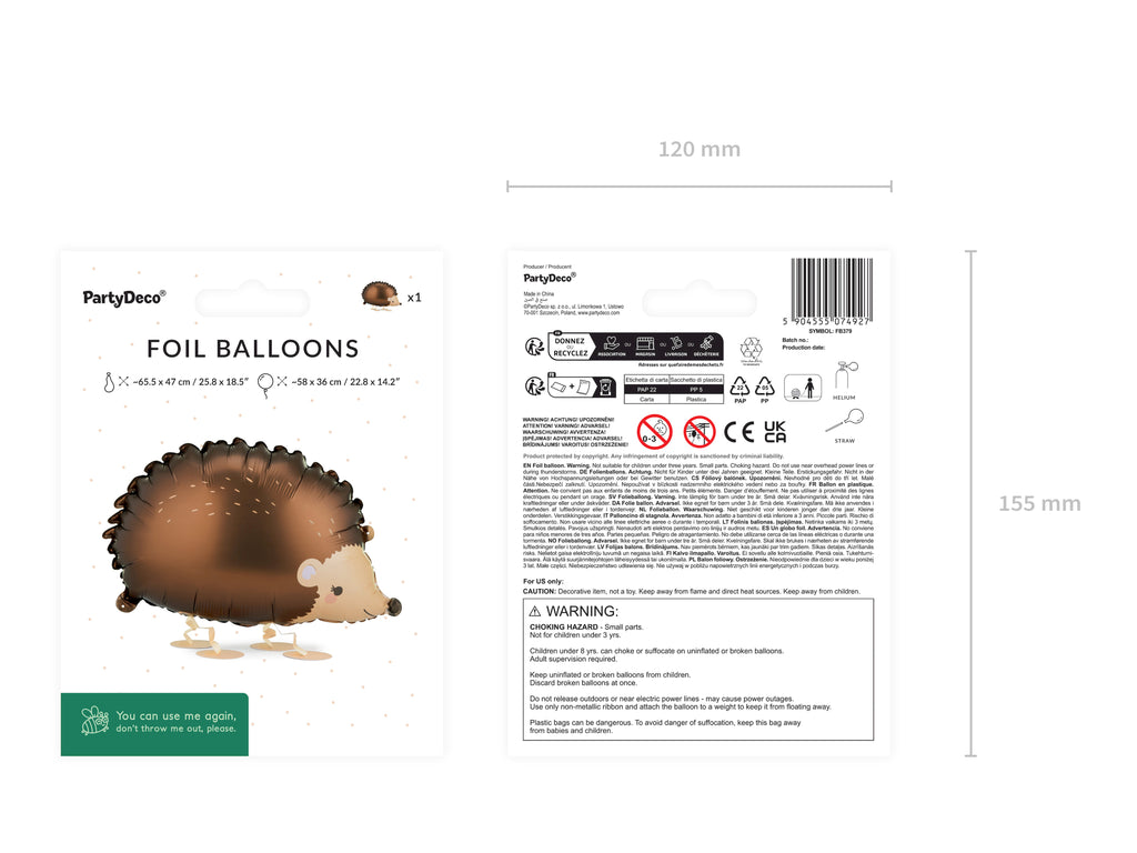 Igel‑Folienballon „Walking Hedgehog“ – 58 × 36 cm (aufgeblasen) | Helium‑Ballon in Braun, laufender Look | inkl. Strohhalm