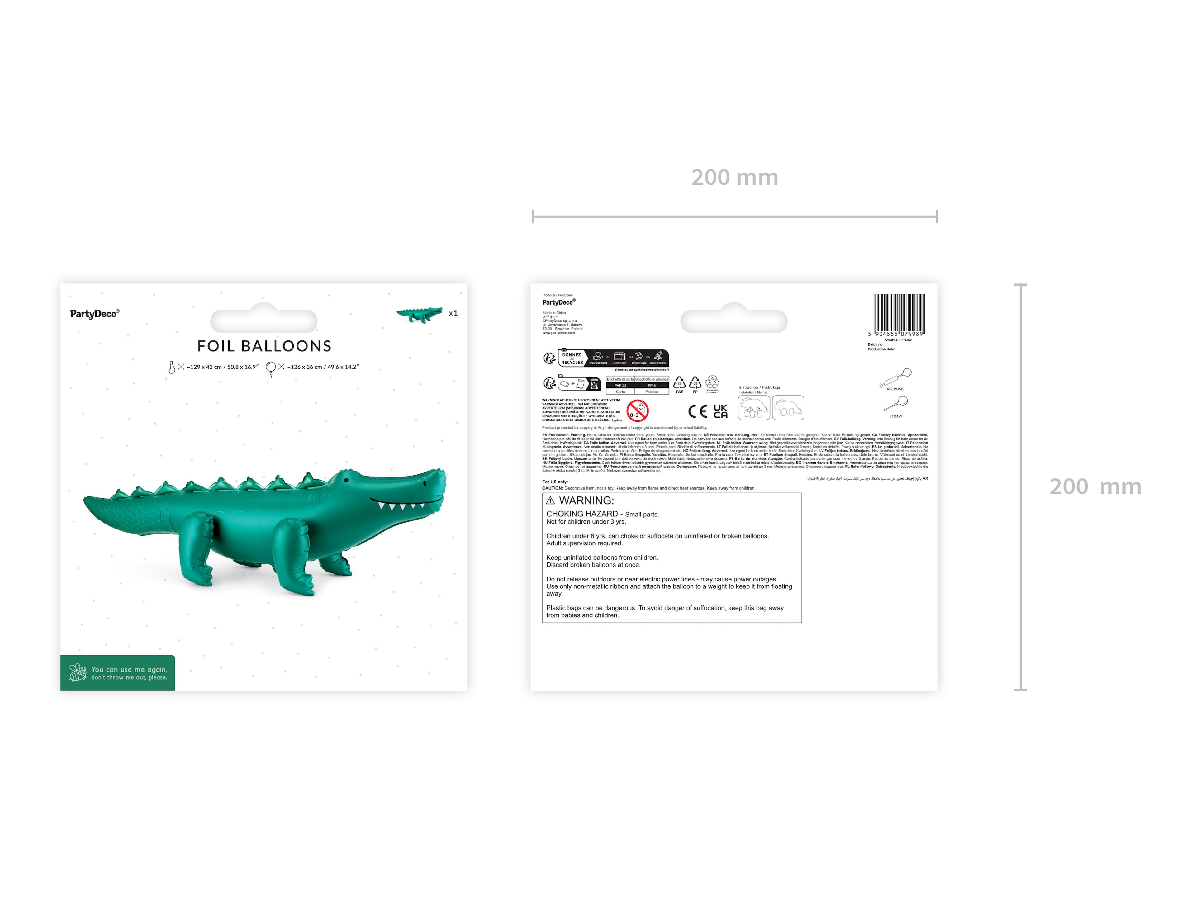 Krokodil‑Folienballon freistehend – 126 × 36 cm | Dunkelgrün | Luftfüllung, inkl. Strohhalm | Kindergeburtstag & Dschungel‑Party