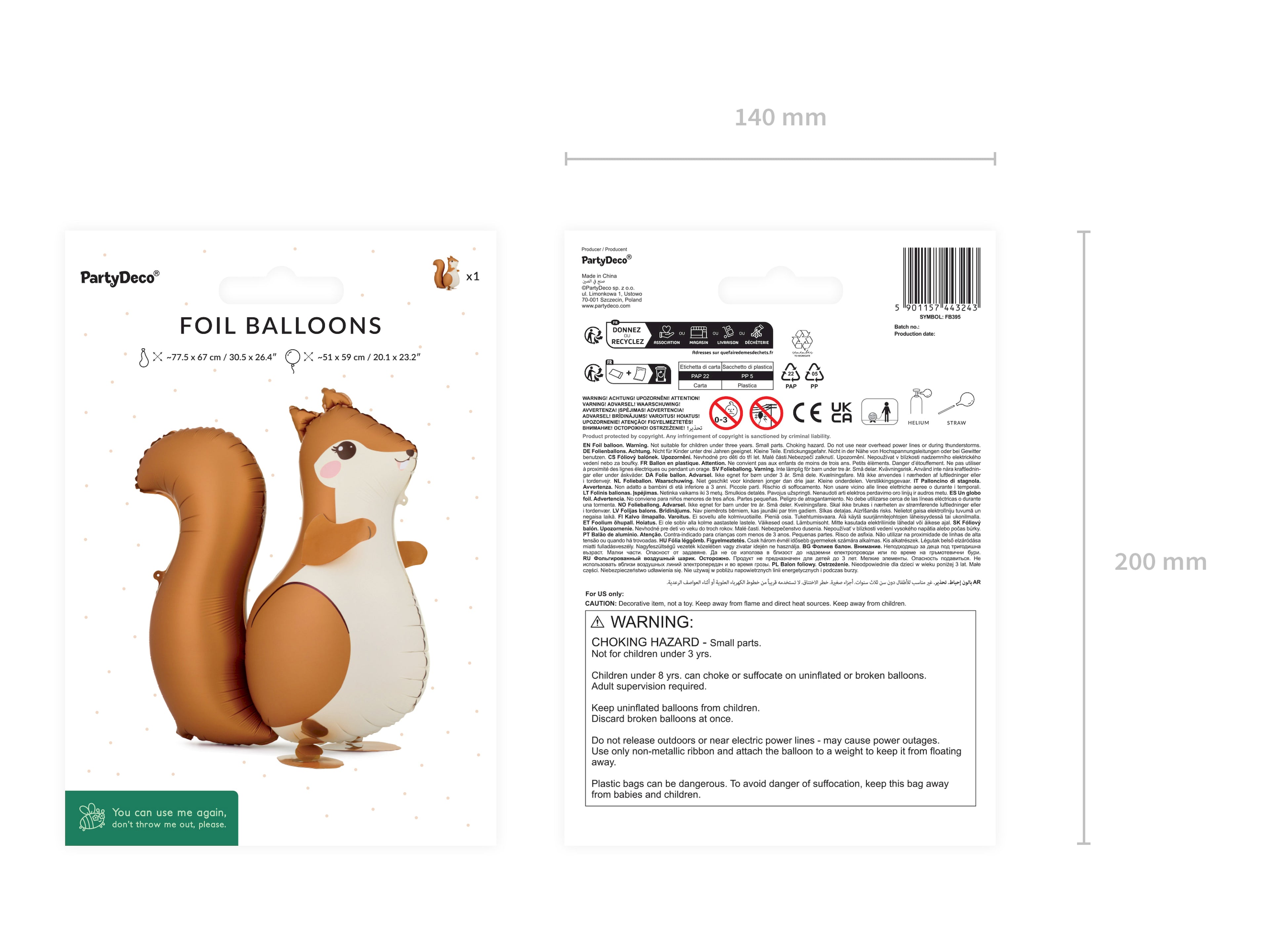Eichhörnchen‑Folienballon „Walking Squirrel“ – 51 × 59 cm (aufgeblasen) | Helium‑Ballon in Orange/Creme | inkl. Strohhalm