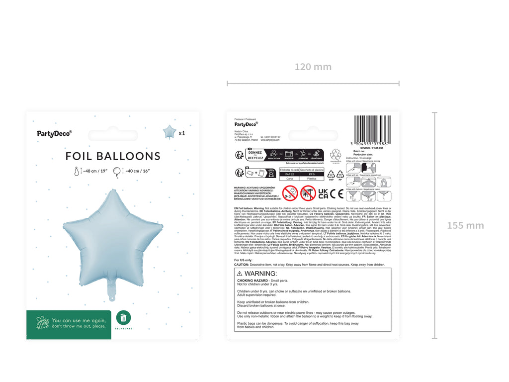 Star-Shaped Foil Balloon Mist Blue – 48 cm | Matte Star Balloon for Baby Showers, Christenings, Birthdays & Parties | Air or Helium