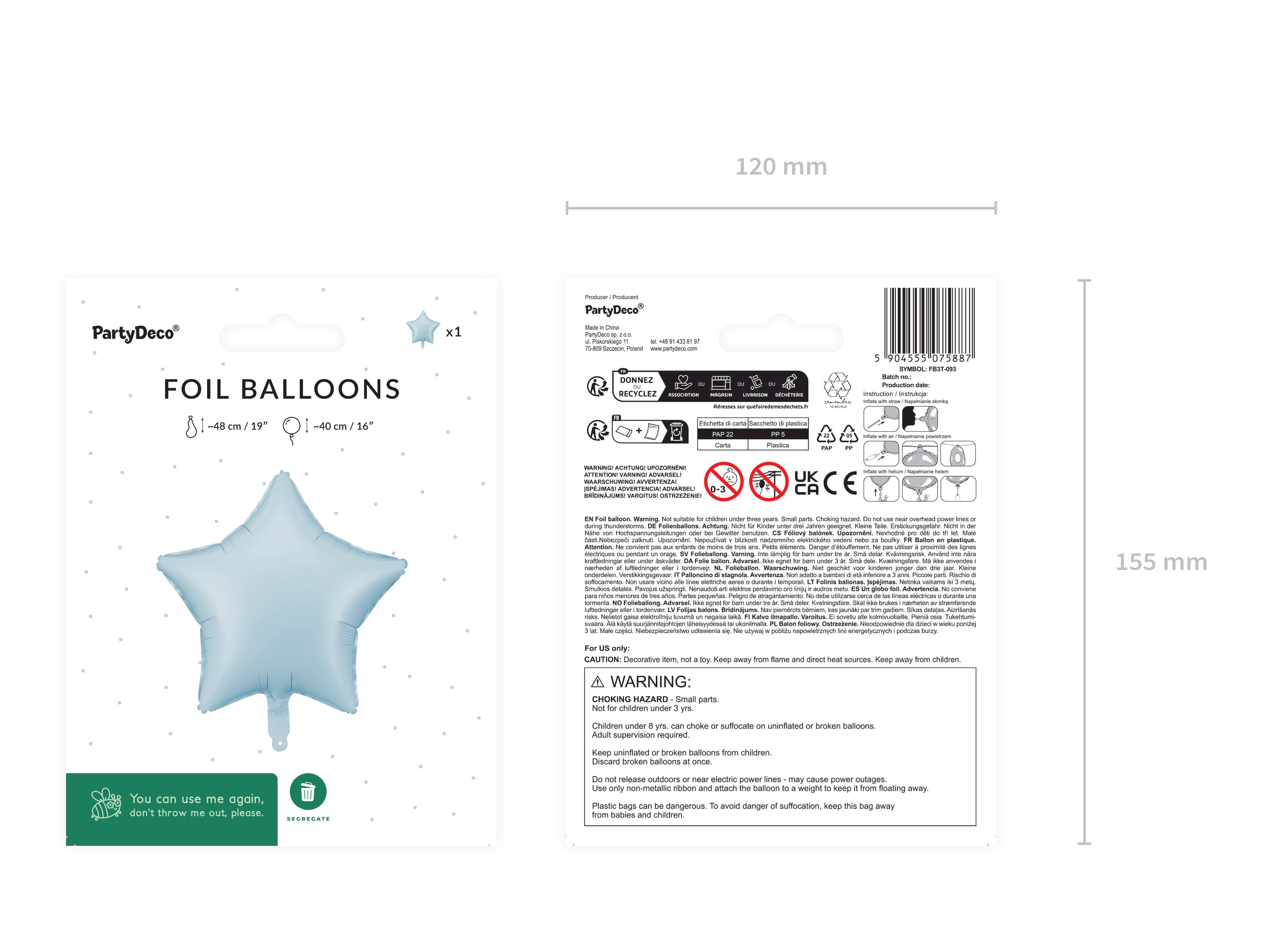 Sternförmiger Folienballon Nebelblau – 48 cm | Matter Sternballon für Babyshower, Taufe, Geburtstag & Party | Luft oder Helium