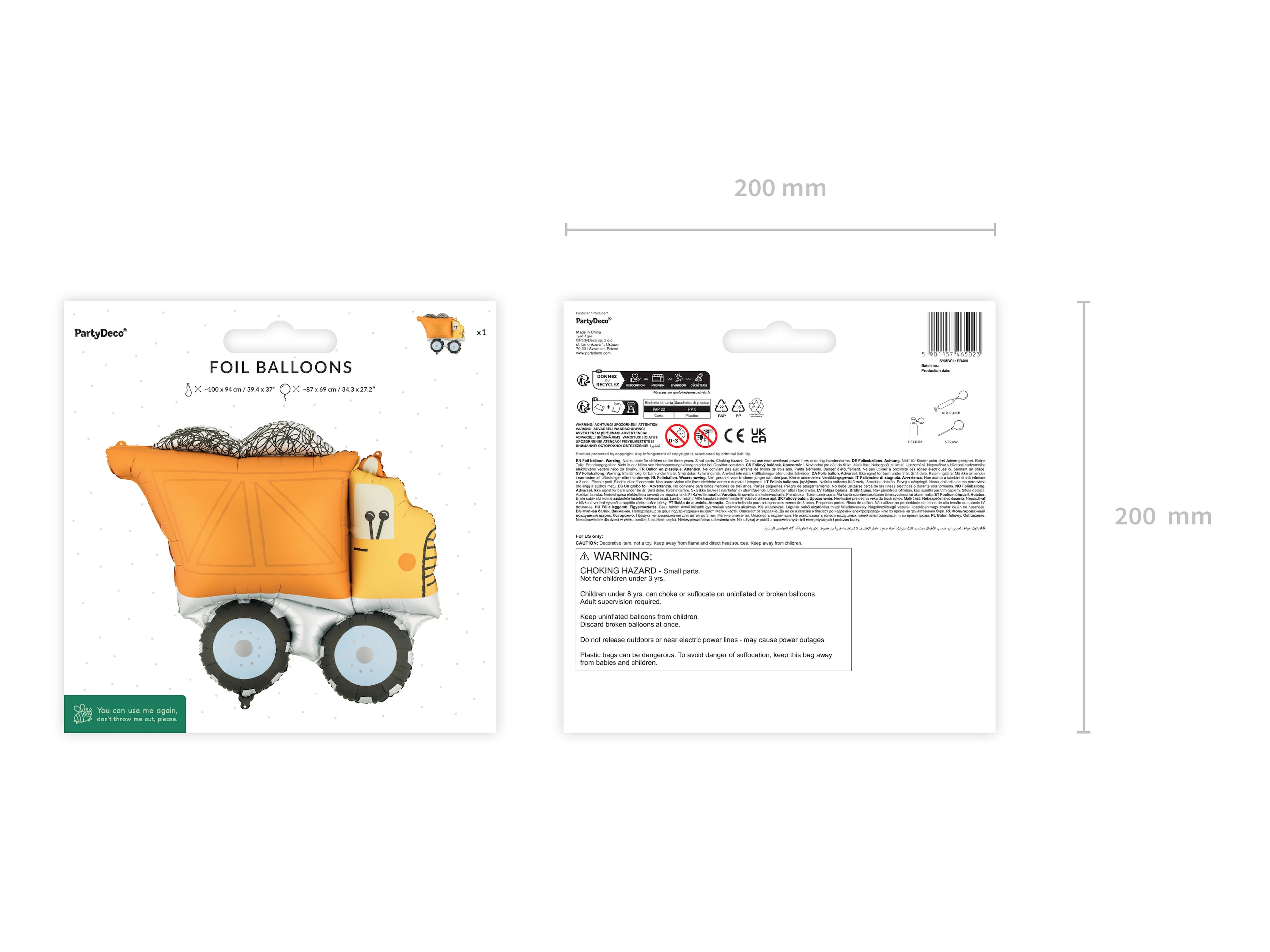 LKW‑Folienballon – 87 × 69 cm (aufgeblasen) | Baustellen‑Truck für Kindergeburtstag & Party | Helium oder Luft, inkl. Strohhalm