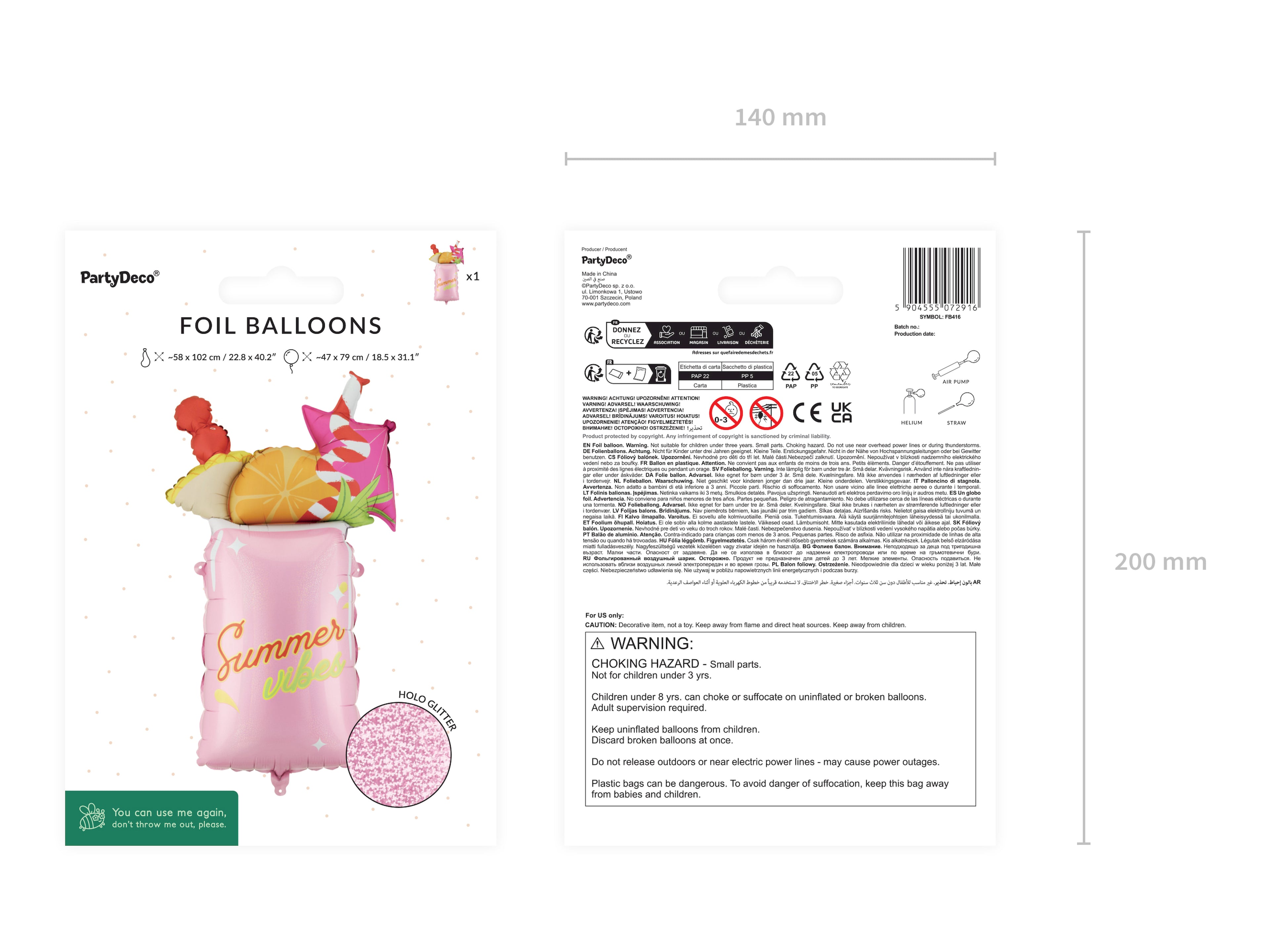 Cocktail-Folienballon "Summer Vibes" 47 x 79 cm - Rosa, für Helium und Luft, Sommerparty- und Poolparty-Deko