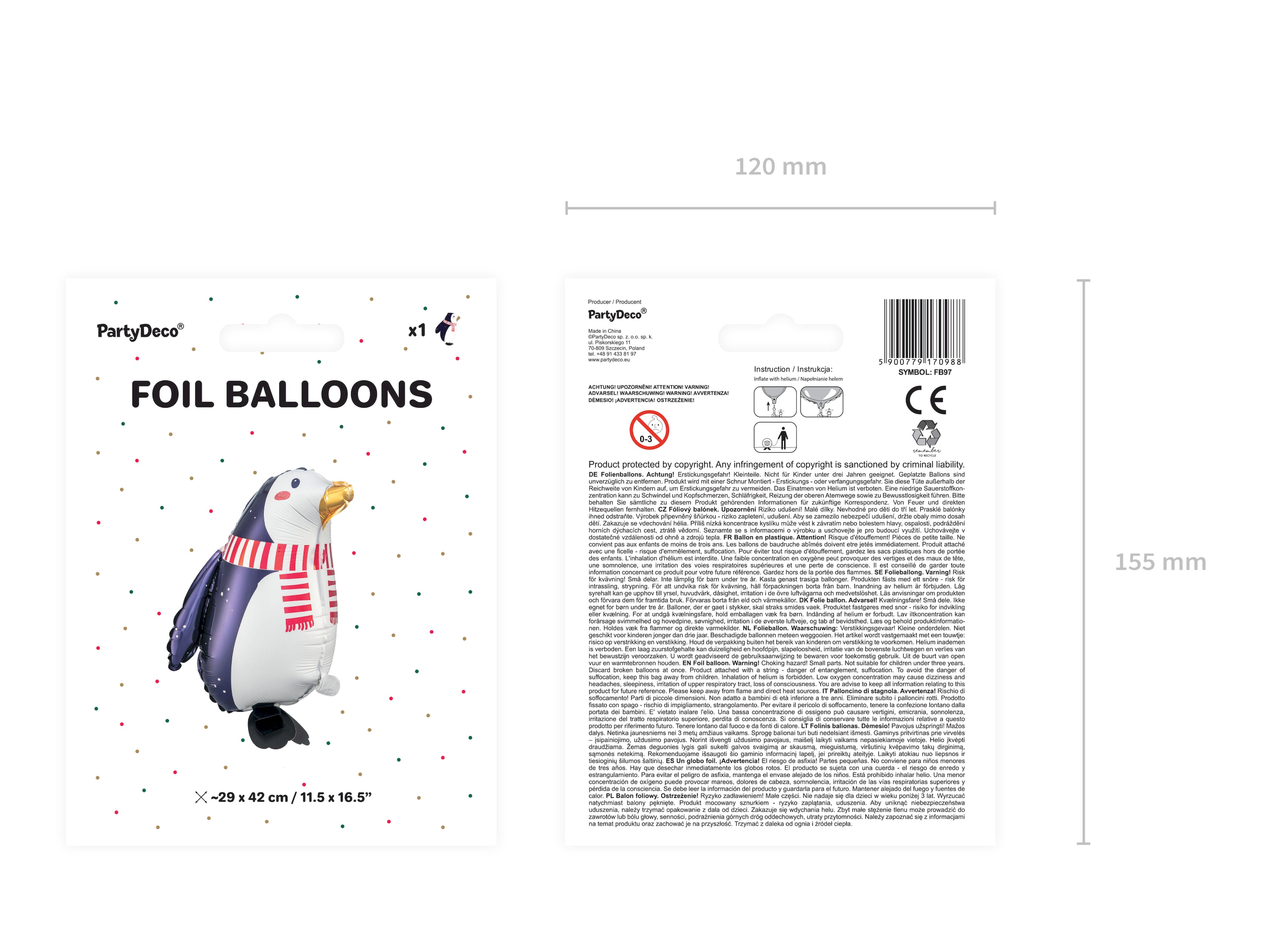 Pinguin‑Folienballon – 29 × 42 cm | Glänzender Motivballon im Farbmix für Winter, Weihnachten & Kindergeburtstag