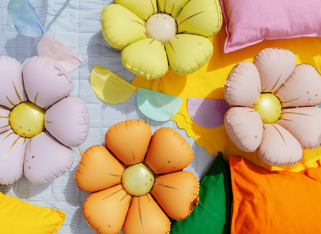 Gänseblümchen Folienballons für Girlanden – 4er Set | Ø 65/45 cm | Luftfüllung | Pastell (Gelb, Hellorange, Puderrosa, Helllila)