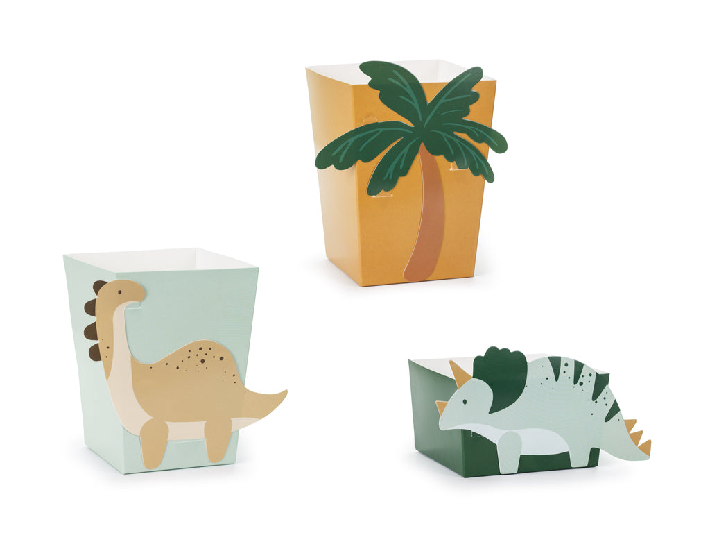 Dinosaurier‑Snackboxen – Bastelset | 6er Set (4 groß, 2 klein) mit Deko‑Teilen | Papierboxen in Farbmix für Kindergeburtstag