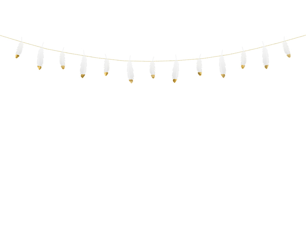 Federgirlande Weiß & Gold – 1,6 m Boho Deko mit weißen Federn und goldenen Spitzen | Hochzeit, Babyshower, Geburtstag