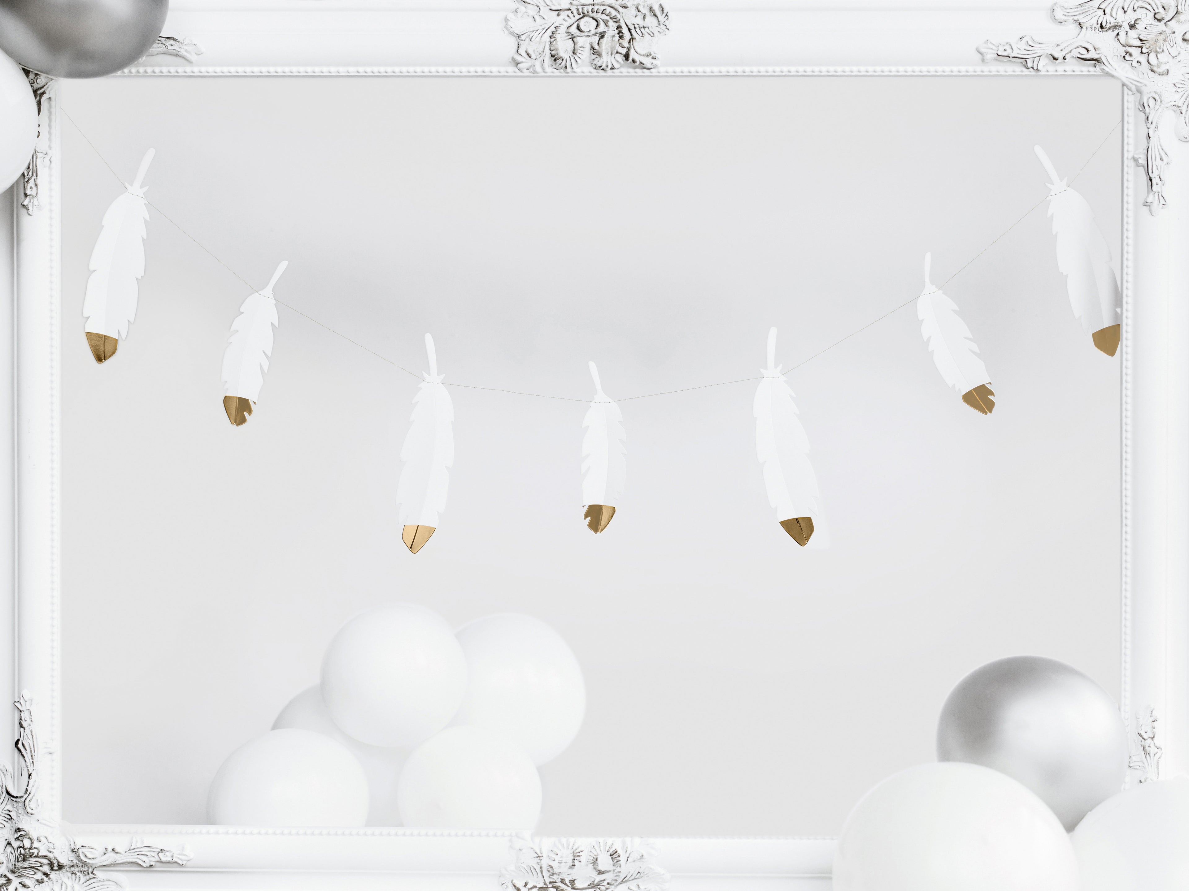 Federgirlande Weiß & Gold – 1,6 m Boho Deko mit weißen Federn und goldenen Spitzen | Hochzeit, Babyshower, Geburtstag