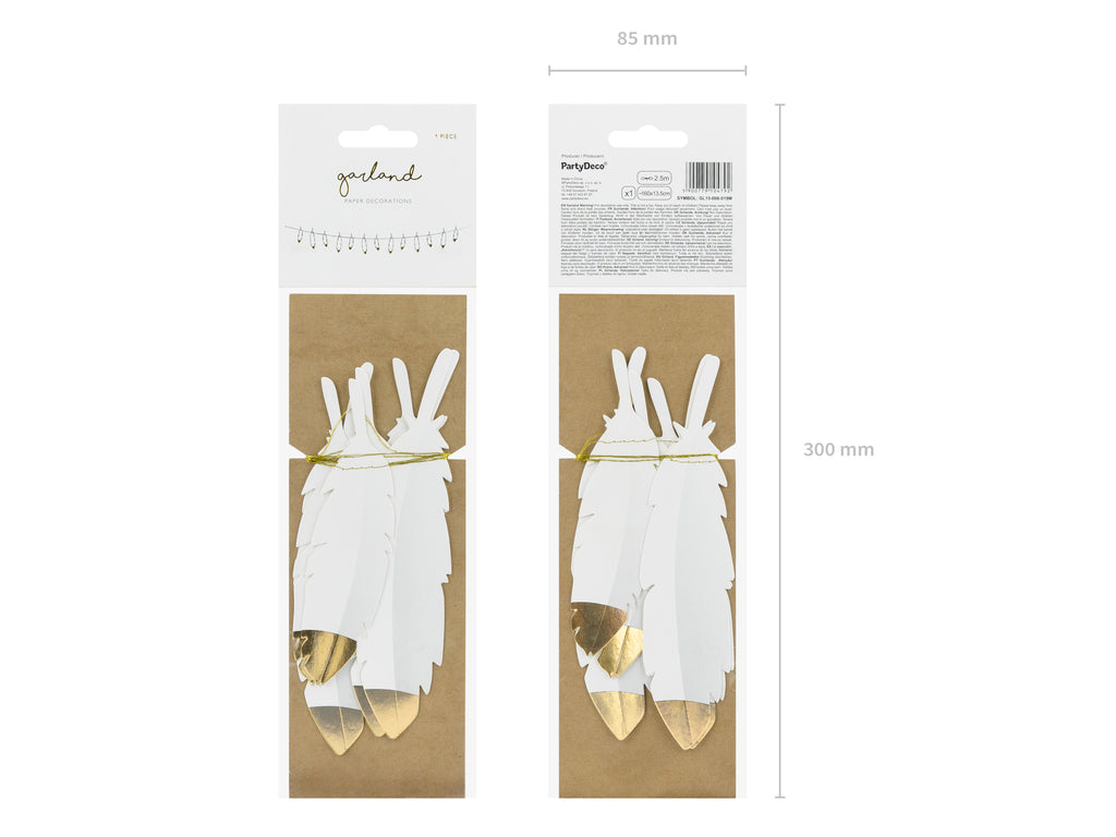 Federgirlande Weiß & Gold – 1,6 m Boho Deko mit weißen Federn und goldenen Spitzen | Hochzeit, Babyshower, Geburtstag