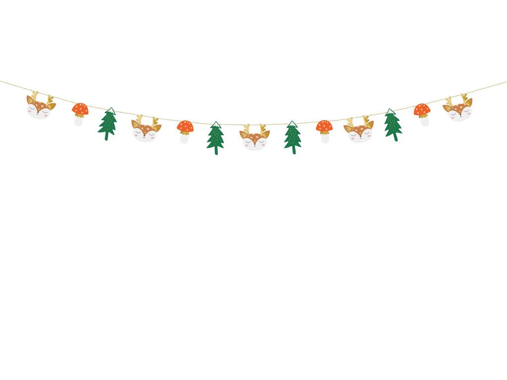 Papiergirlande „Wald“ – 1,7 m | 13 Anhänger (3 Designs) mit goldener Schnur | DIY Natur‑ & Woodland Deko