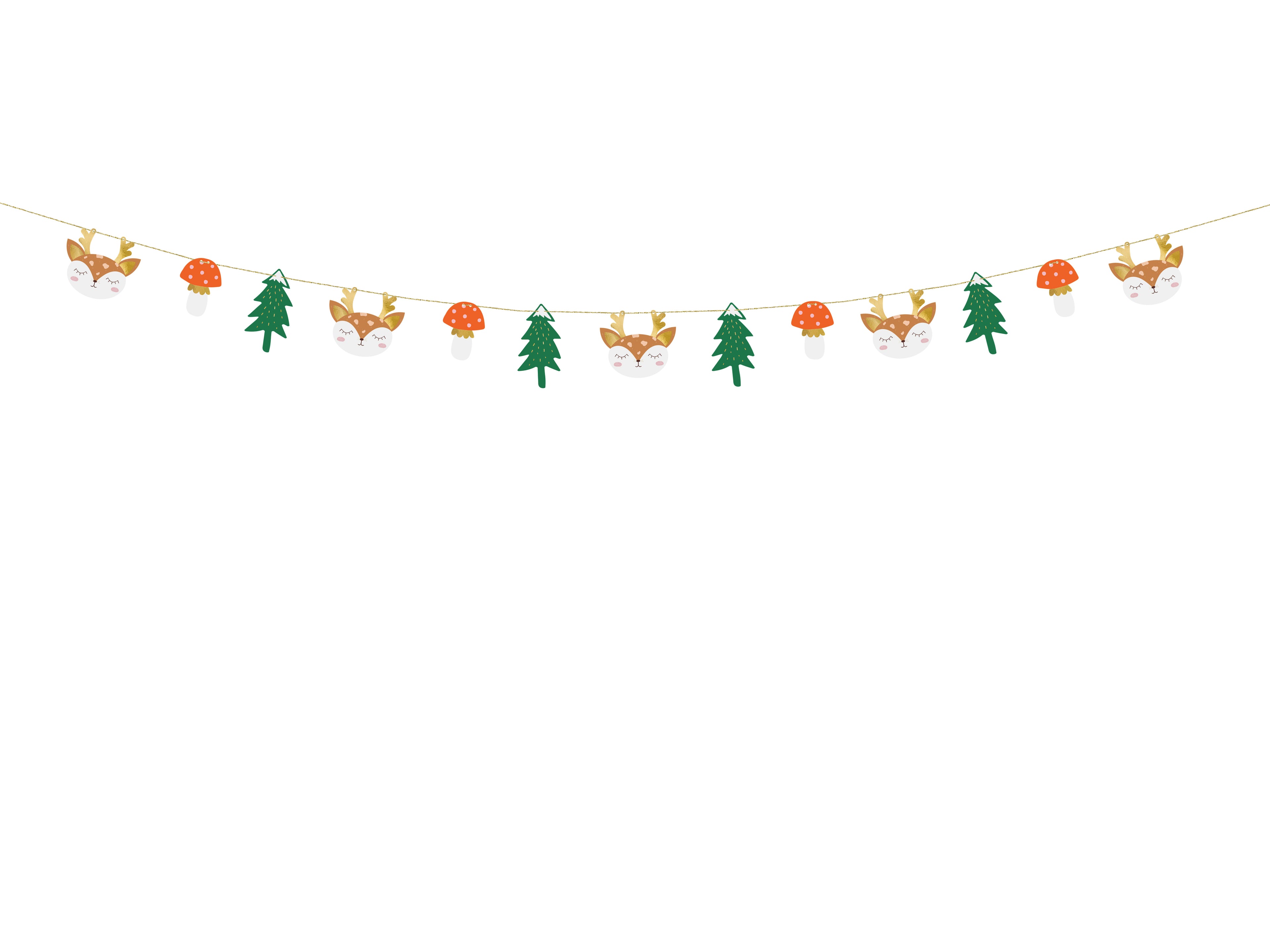 Papiergirlande „Wald“ – 1,7 m | 13 Anhänger (3 Designs) mit goldener Schnur | DIY Natur‑ & Woodland Deko