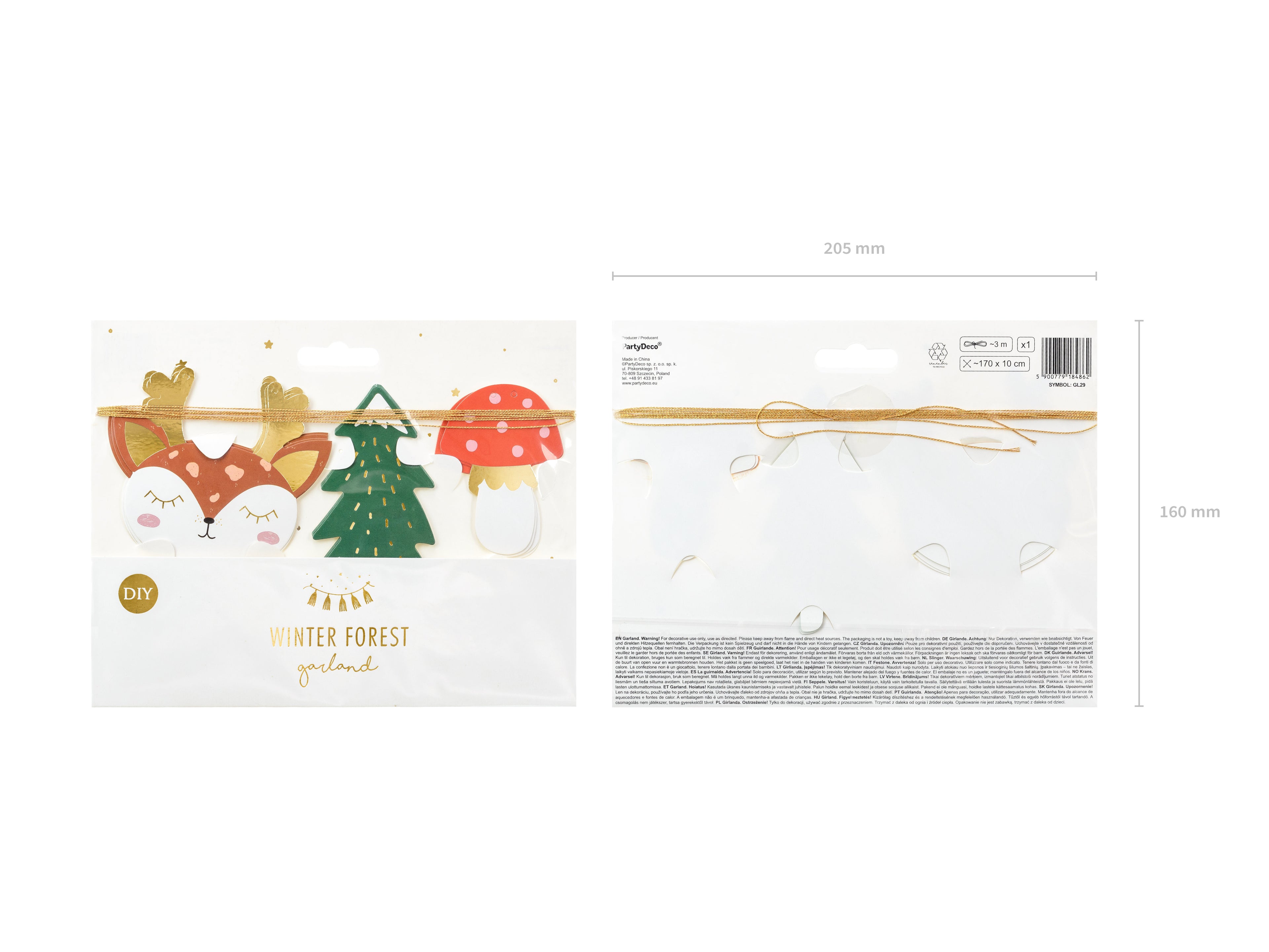 Papiergirlande „Wald“ – 1,7 m | 13 Anhänger (3 Designs) mit goldener Schnur | DIY Natur‑ & Woodland Deko
