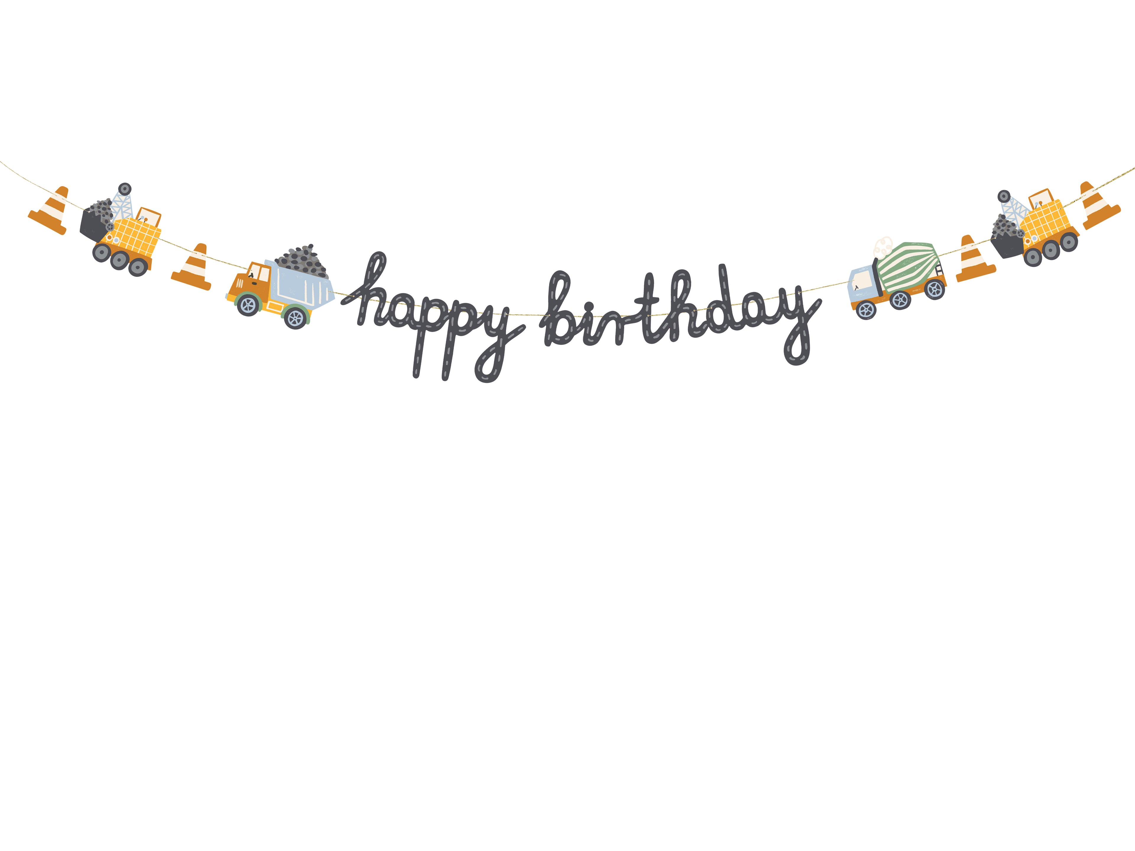 Geburtstagsbanner „Baustellenfahrzeuge“ – 2 m | Papier‑Girlande mit „Alles Gute zum Geburtstag“ | Farbmix, DIY‑Montage