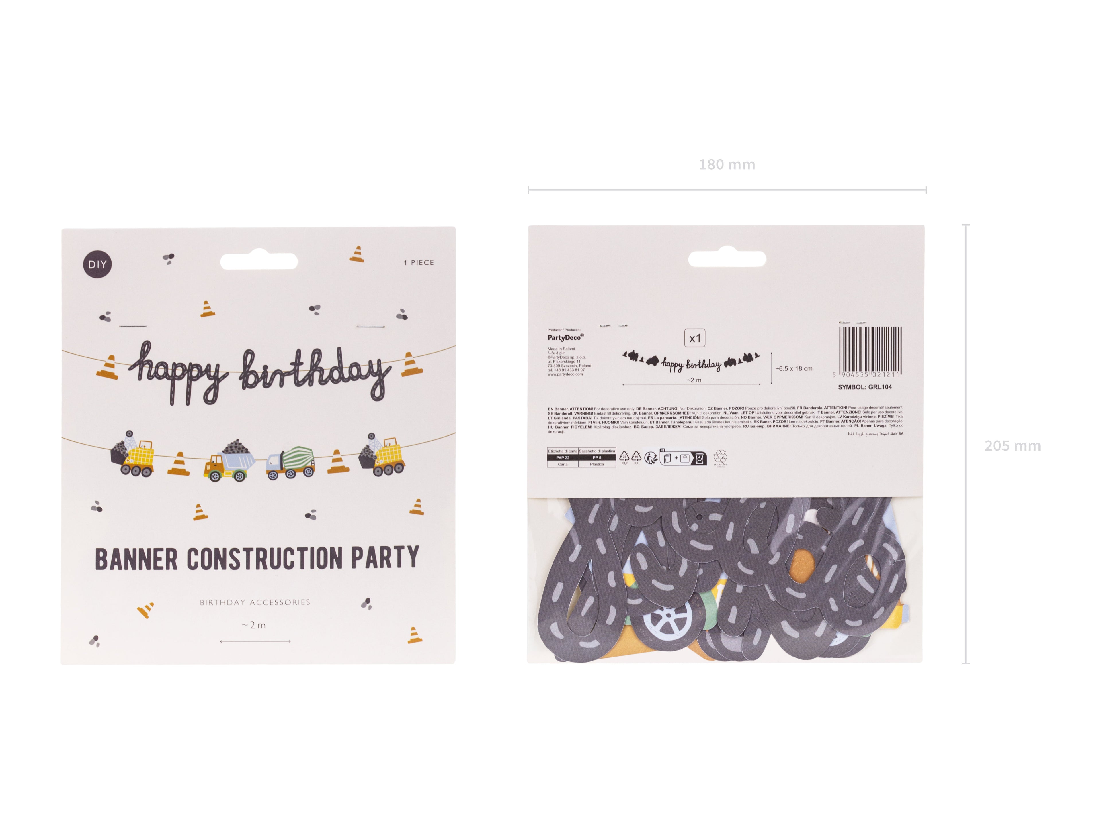 Geburtstagsbanner „Baustellenfahrzeuge“ – 2 m | Papier‑Girlande mit „Alles Gute zum Geburtstag“ | Farbmix, DIY‑Montage