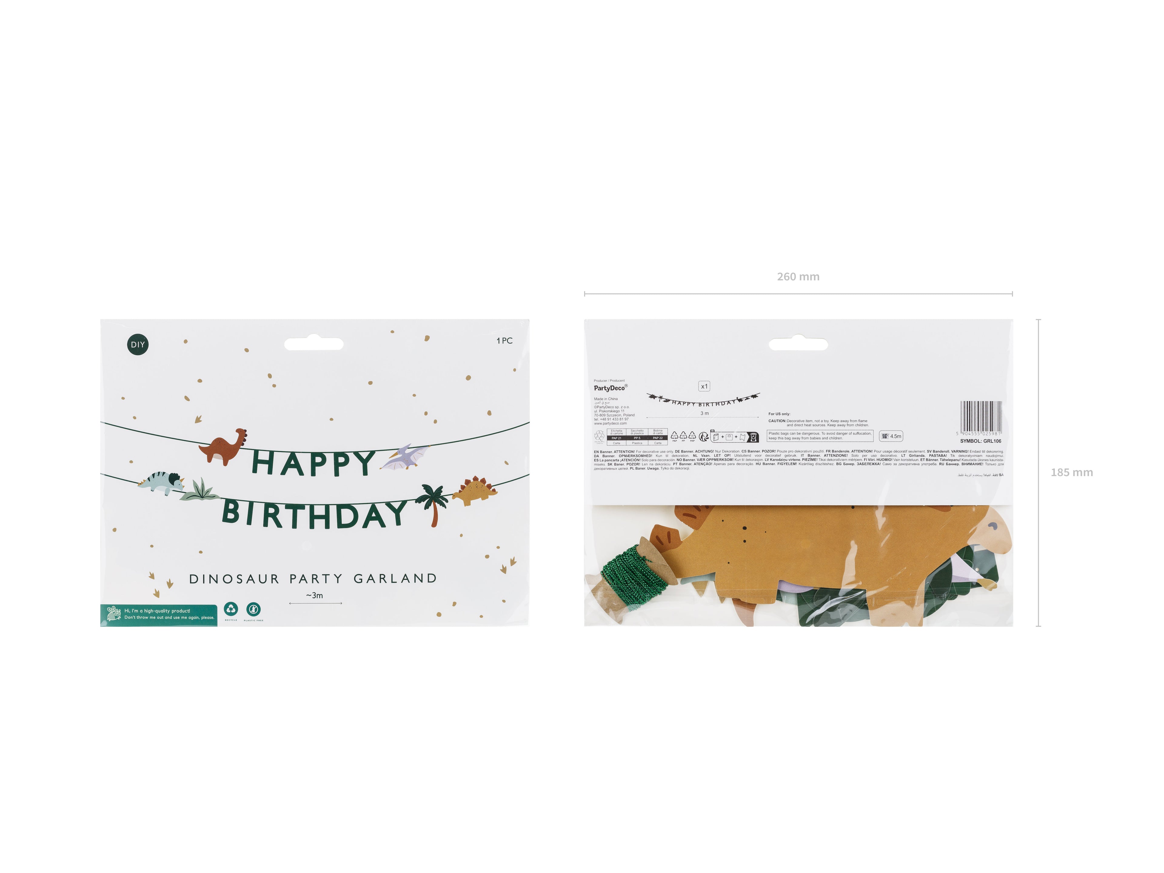 Happy Birthday Dino Banner – 3 m Girlande | Papier‑Wimpelkette mit Dinosauriern | Höhe 11 cm, Schnur 4,5 m | Selbstmontage