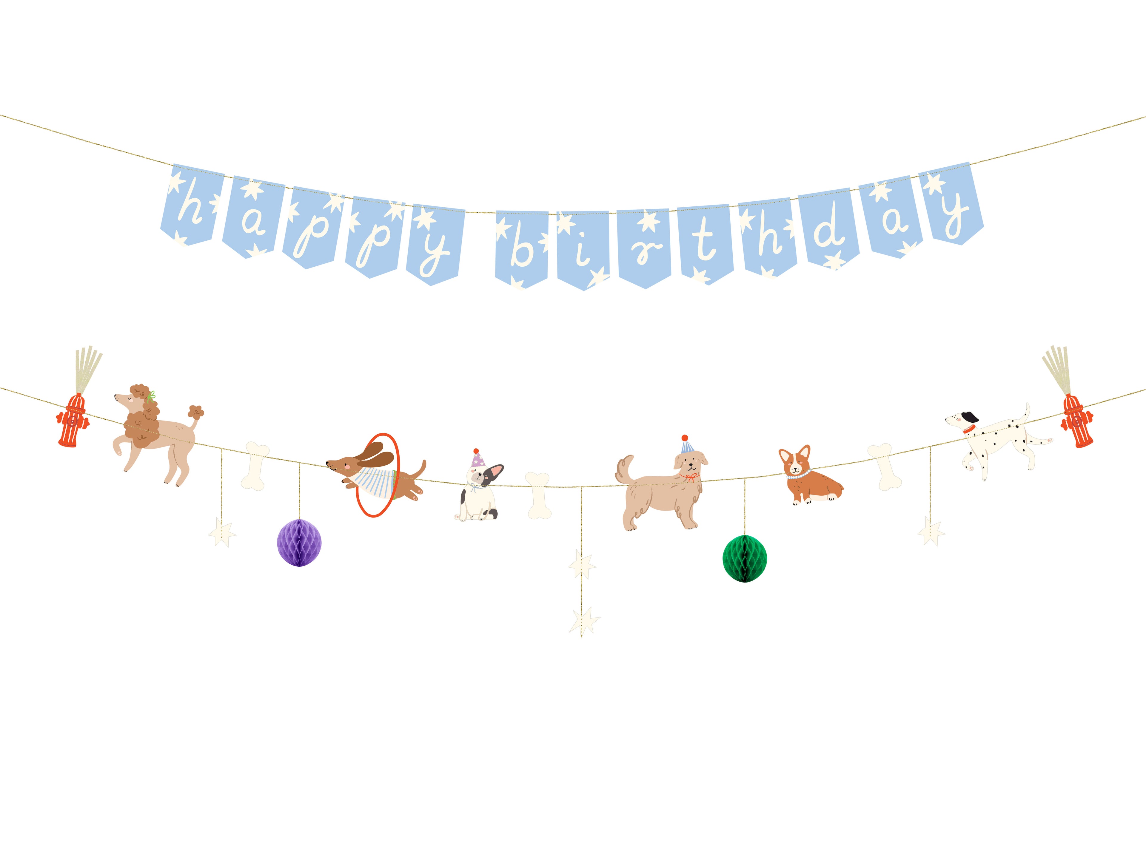 Geburtstagsbanner „Hunde“ – 210 cm | 2‑teiliges Set: „Happy Birthday“ + Hunde‑Motivkette | Farbmix mit Goldgarn, sofort einsatzbereit