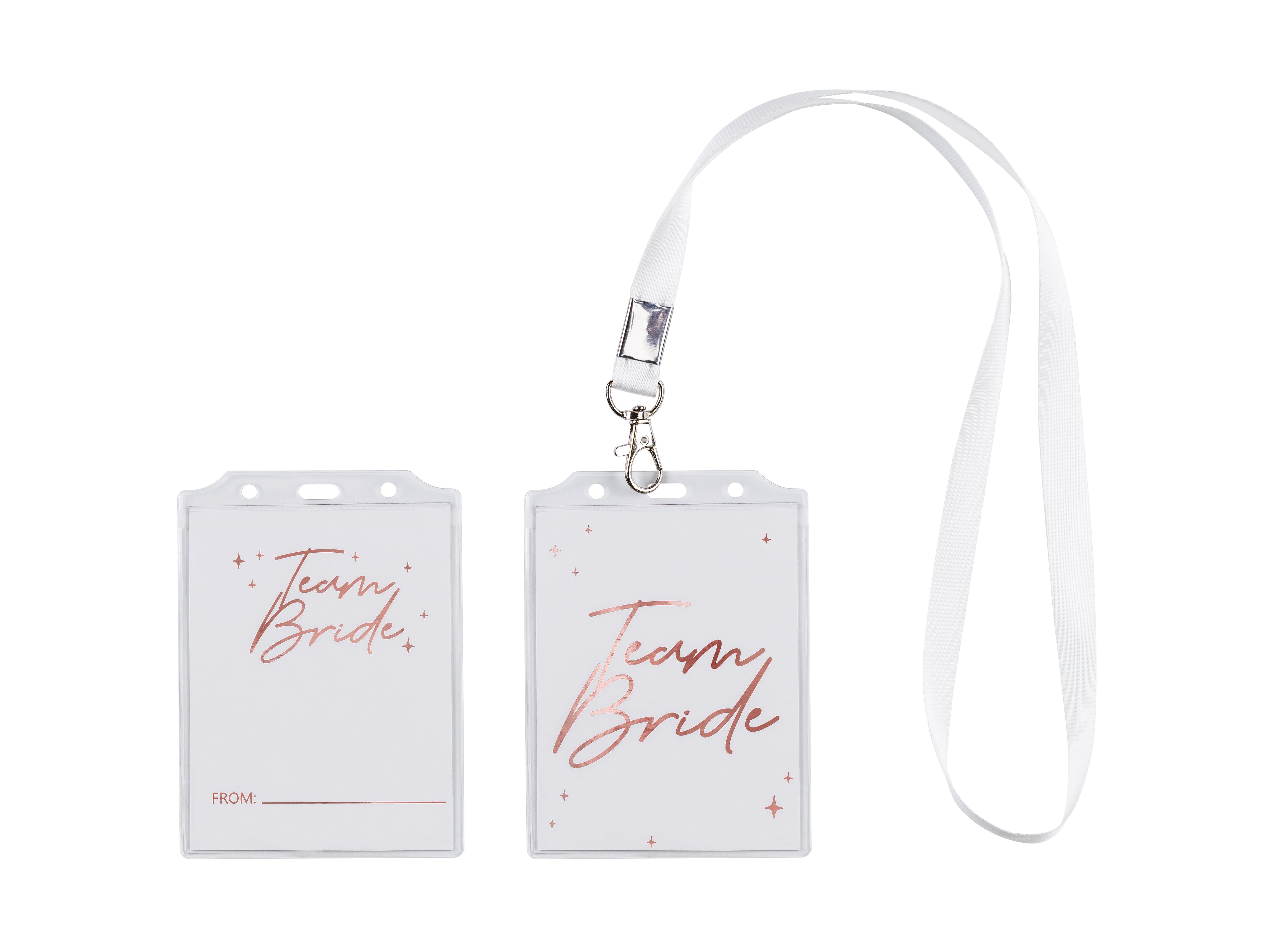 Team Bride Ausweis – 4er Set Namensschilder mit weißem Lanyard | JGA & Bridal‑Shower Accessoires | 8,7 × 12,5 cm