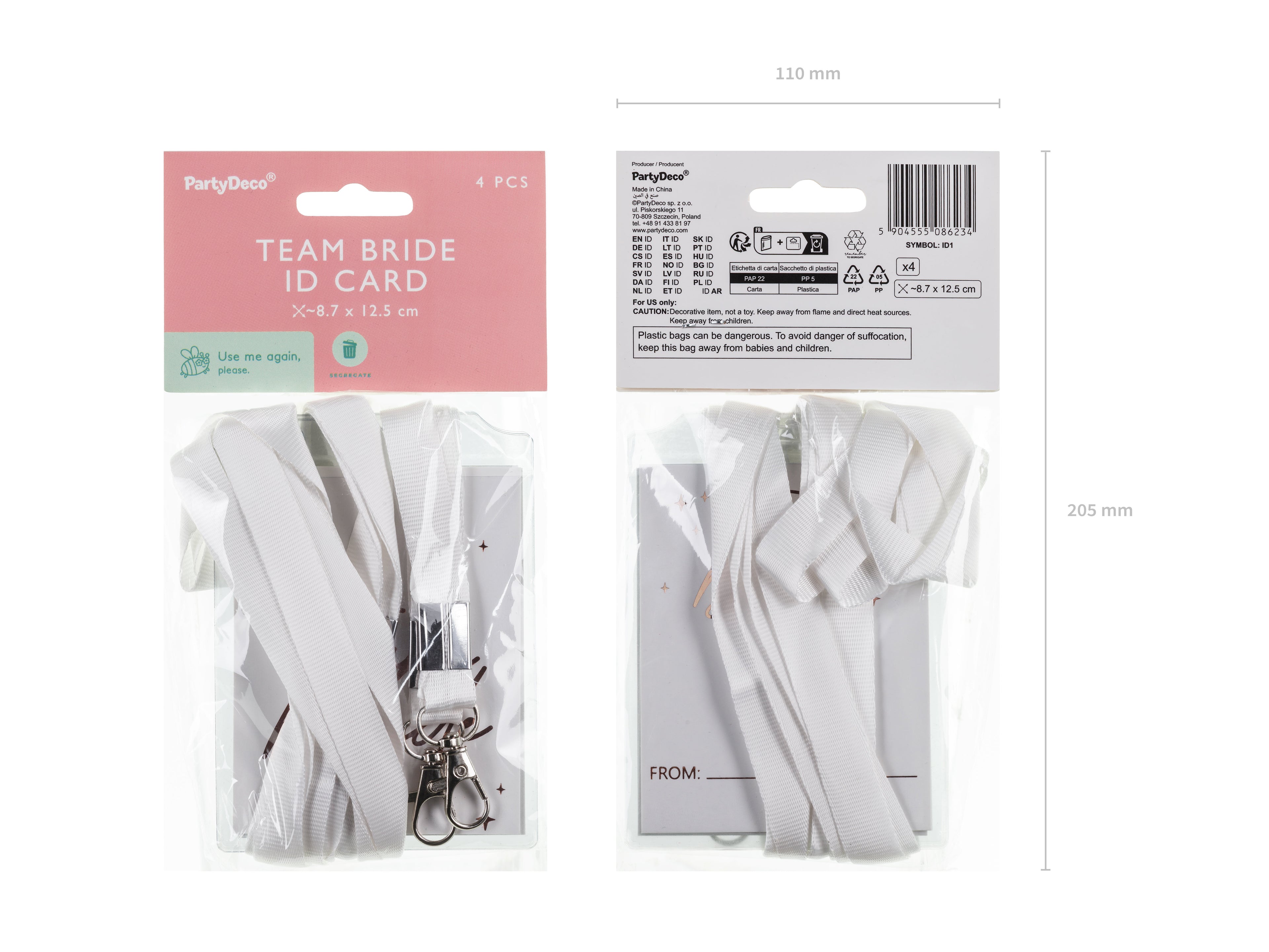 Team Bride Ausweis – 4er Set Namensschilder mit weißem Lanyard | JGA & Bridal‑Shower Accessoires | 8,7 × 12,5 cm