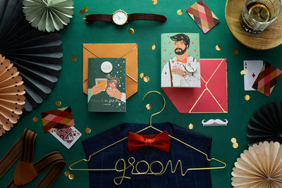 Groom und Team Groom Anstecknadel – Karten mit Metallic‑Print & Pins | JGA Accessoires für Bräutigam , Crew | 10,5 × 15 cm Geschenkset