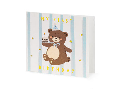 Teddybär‑Geburtstagskarte – 14×14 cm | Süße Karte in verschiedenen Farben inkl. Umschlag | Kindergeburtstag, Mädchen & Jungen