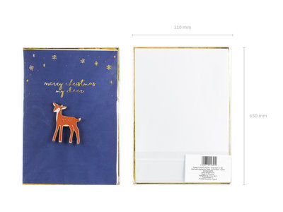 Grußkarte mit Hirsch‑Anstecknadel – Marineblau & Gold | 10,5 × 14,8 cm | Karte mit Pin, Umschlag, Geschenkidee, Weihnachtskarte, Naturmotiv