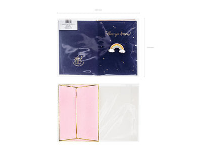 Grußkarte mit Regenbogen‑Anstecknadel – Marineblau & Gold | 10,5 × 14,8 cm | Karte mit Pin, Rosa Umschlag, Geschenkidee, Liebe , Glück