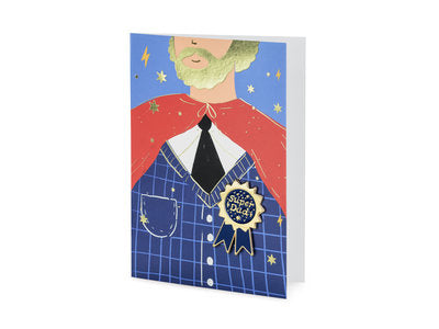Grußkarte mit „Super Dad“ Anstecknadel – Cotillion‑Pin & Metallic‑Print | 11 × 15,5 cm | Geschenk für Papa, Vatertag, Geburtstag