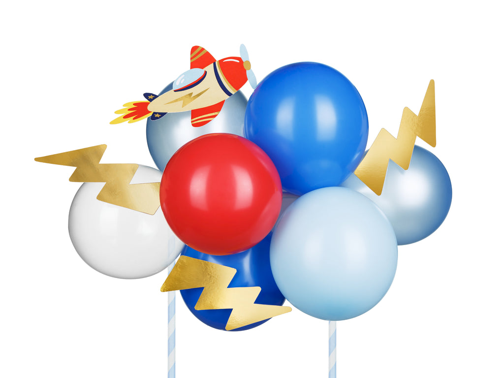 Flugzeug‑Ballon Kuchenaufsatz – 29 cm | Cake Topper Set mit 10 Mini‑Ballons, Papierflugzeug & Blitzen | Farbmix für Kindergeburtstag