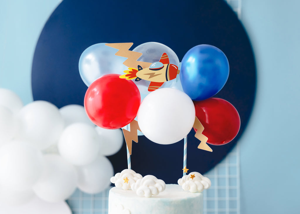 Flugzeug‑Ballon Kuchenaufsatz – 29 cm | Cake Topper Set mit 10 Mini‑Ballons, Papierflugzeug & Blitzen | Farbmix für Kindergeburtstag