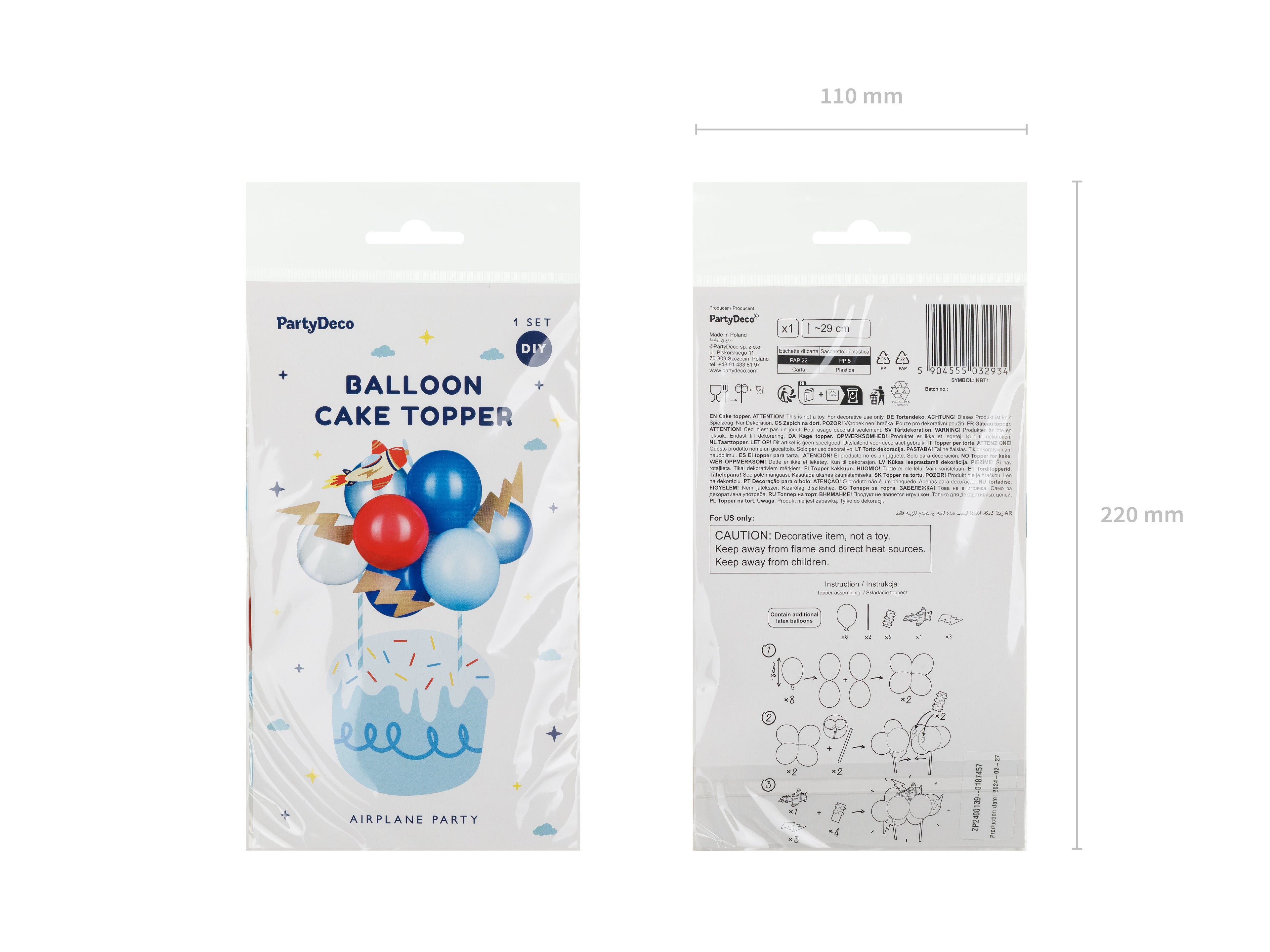 Flugzeug‑Ballon Kuchenaufsatz – 29 cm | Cake Topper Set mit 10 Mini‑Ballons, Papierflugzeug & Blitzen | Farbmix für Kindergeburtstag