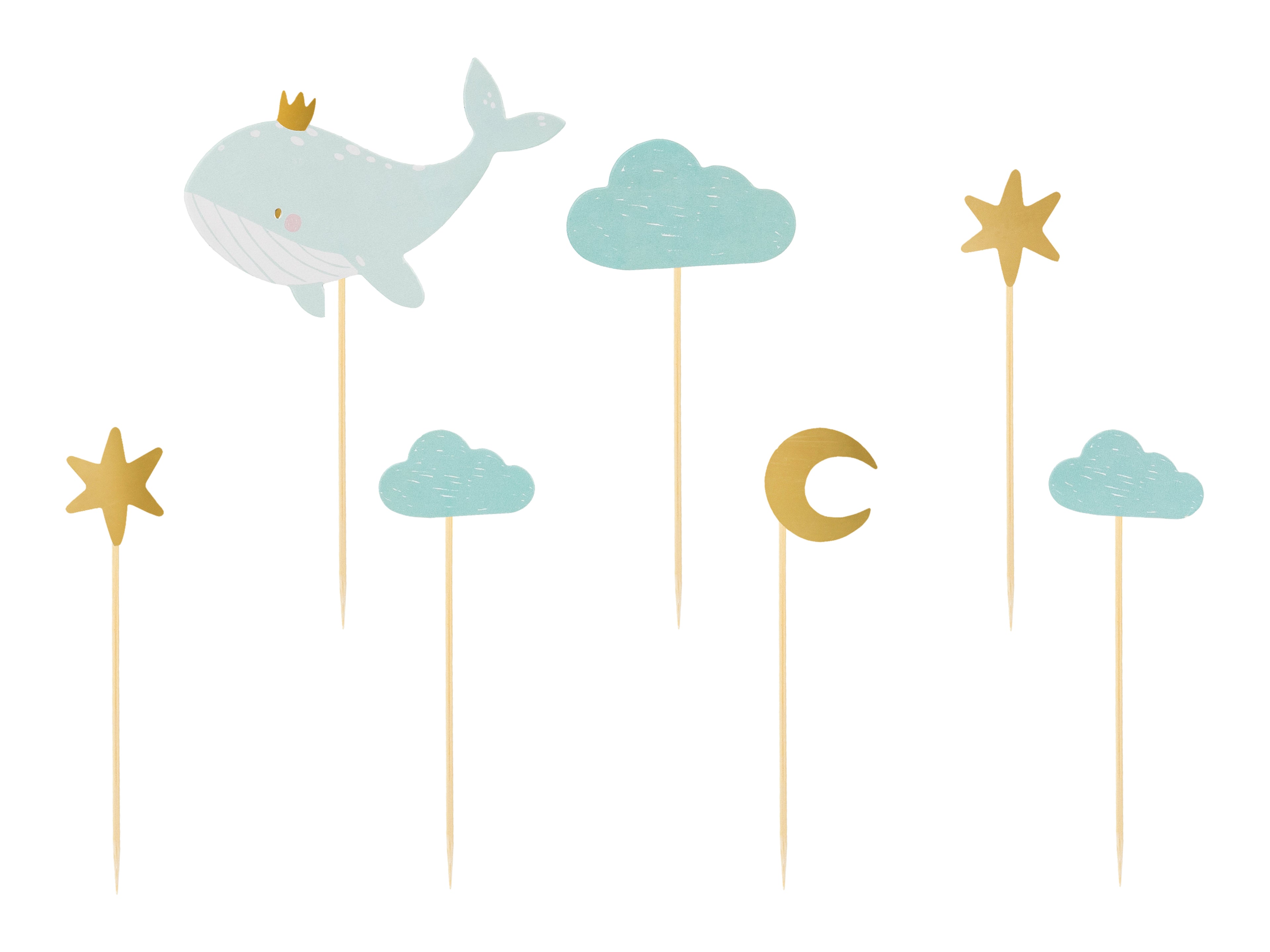 Cupcake‑Dekorationen „Wal & Himmelsmotive“ – 7er Set | 11–13,5 cm | Topper für Babyshower, Taufe & Kindergeburtstag